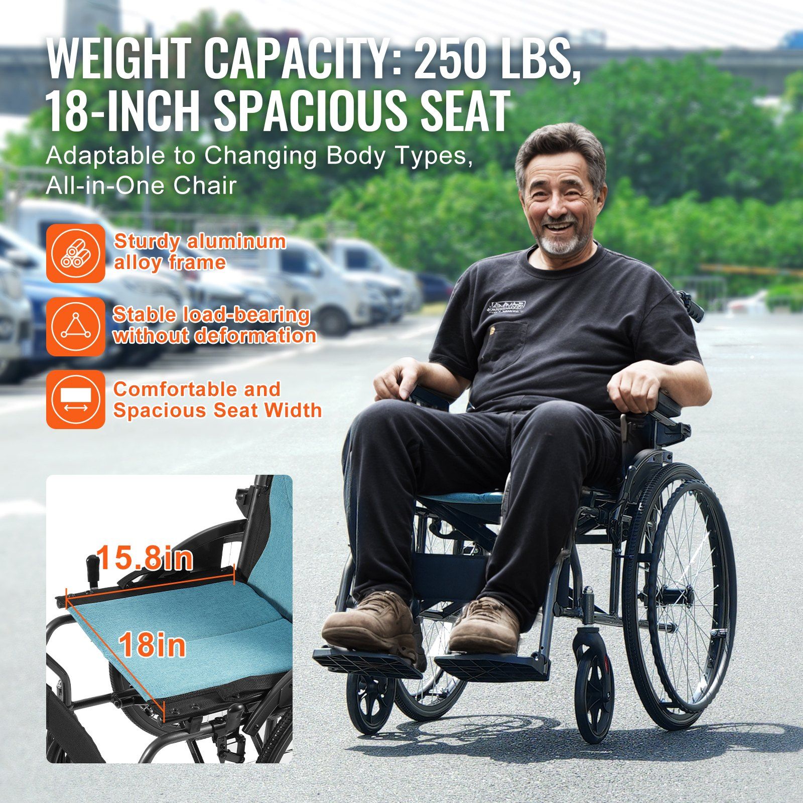 Wheelchair, Durable Aluminum Alloy Ultra-Lightweight Wheelchairs, Portable Wheelchair with Flip-Back Desk-Length Arms, 3-Position Adjustable Footrests, 18-Inch Wide Seat, 250lbs Weight Capacity - Image 5