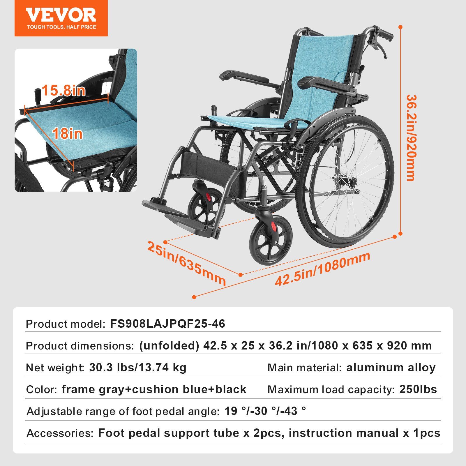 Wheelchair, Durable Aluminum Alloy Ultra-Lightweight Wheelchairs, Portable Wheelchair with Flip-Back Desk-Length Arms, 3-Position Adjustable Footrests, 18-Inch Wide Seat, 250lbs Weight Capacity - Image 7