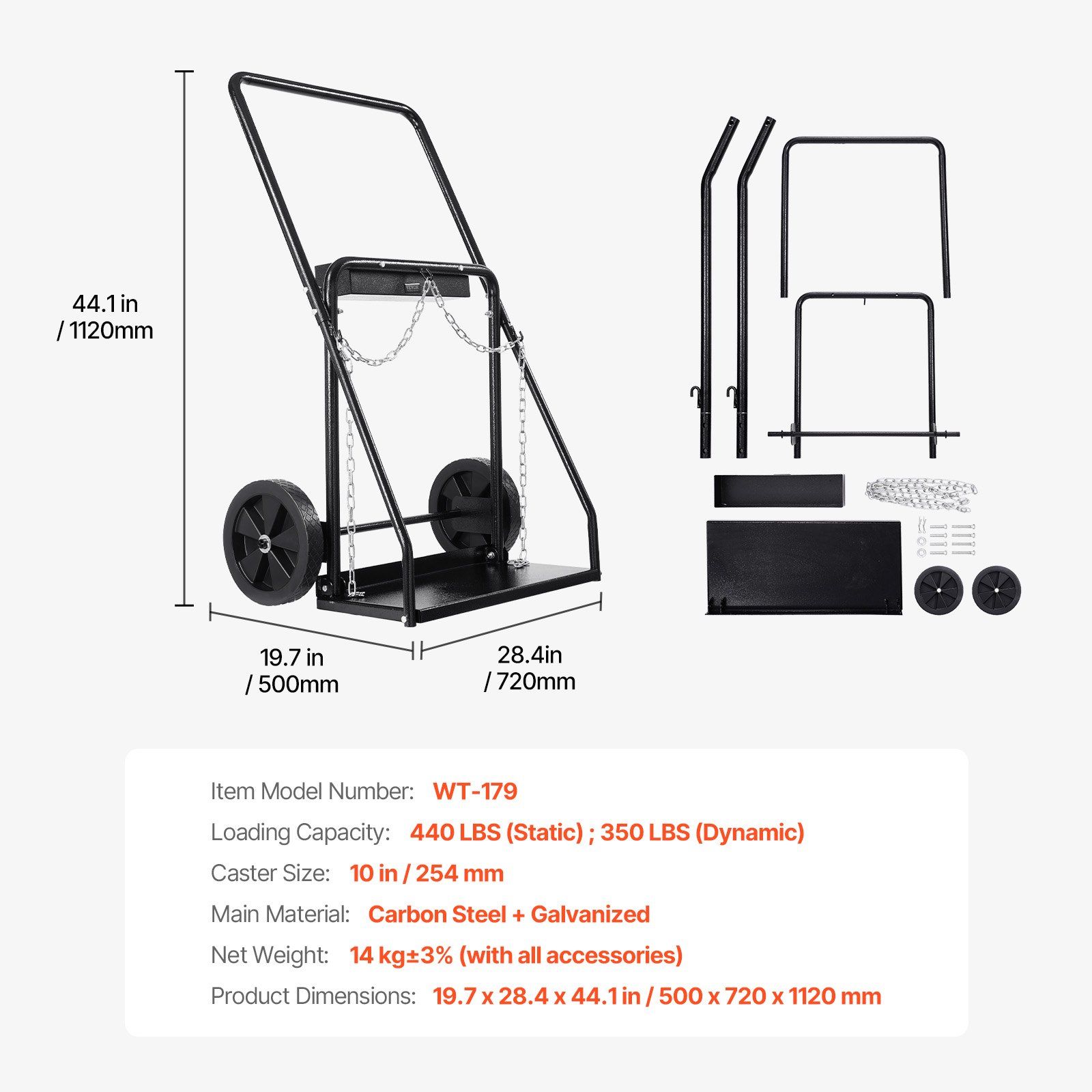 Dual Welding Cylinder Cart, Oxygen Acetylene Tank Cart with 440LBS Static Weight Capacity, 10-Inch Solid Wheels and Tank Storage Safety Chains, Suitable for Double 12.5-Inch Dia. Gas Cylinders - Image 7