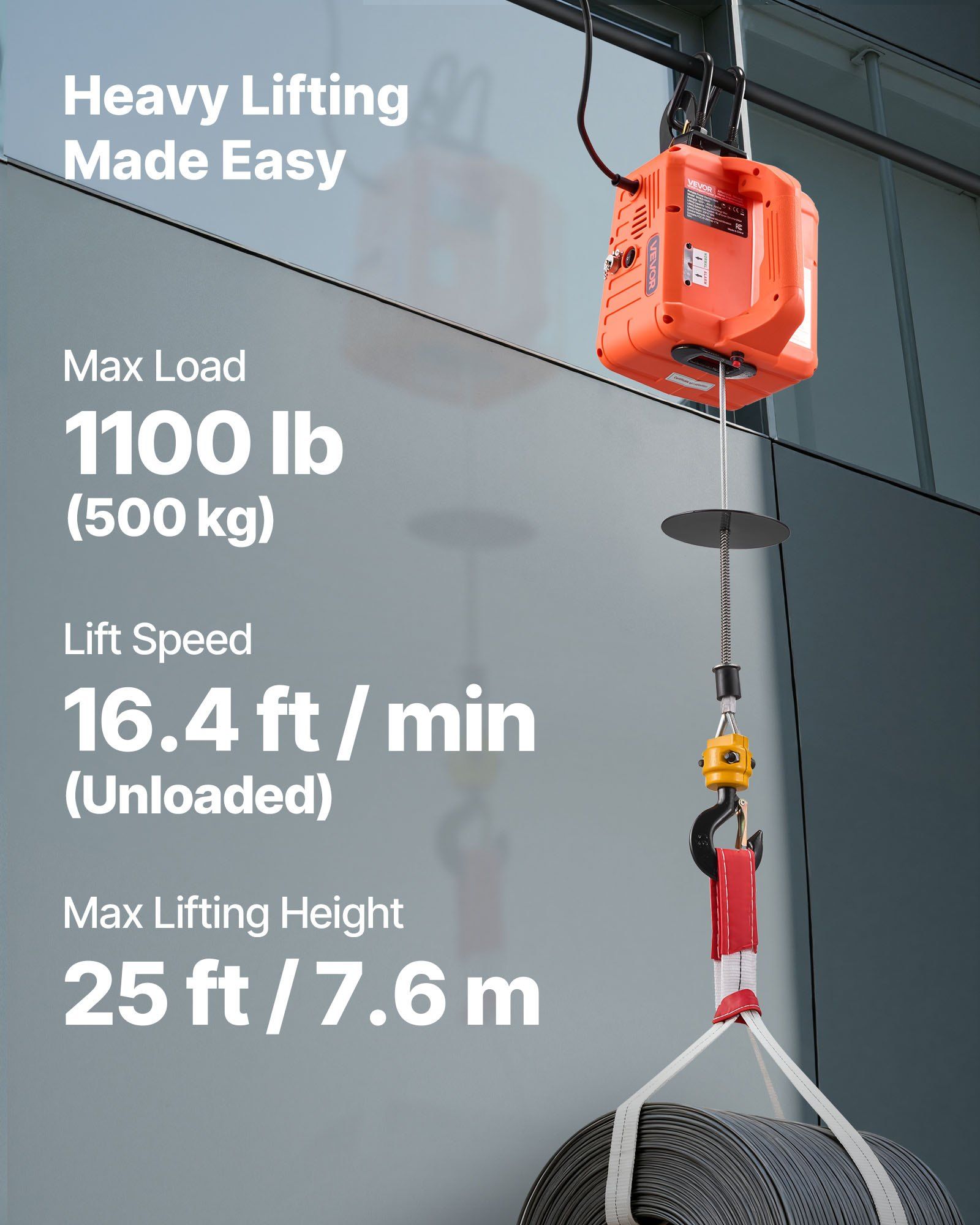 3-in-1 Electric Hoist Winch, 500 kg Capacity, 1500W Portable Electric Power Winch, 7.6 m Lifting Height, 5 m/min with Manual, Wired & Wireless Remote Control for Factory, Warehouss, Garage - Image 2