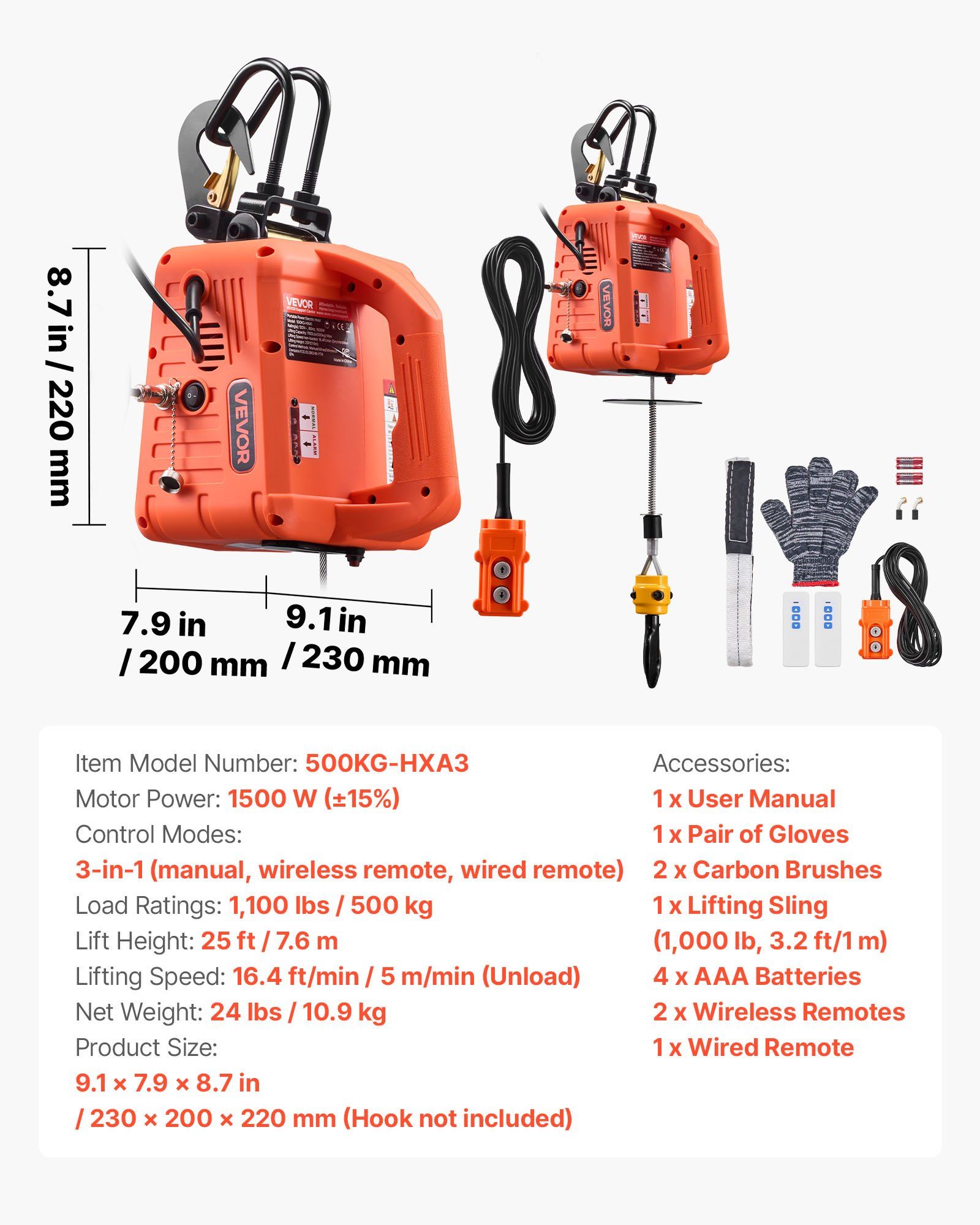 3-in-1 Electric Hoist Winch, 500 kg Capacity, 1500W Portable Electric Power Winch, 7.6 m Lifting Height, 5 m/min with Manual, Wired & Wireless Remote Control for Factory, Warehouss, Garage - Image 7