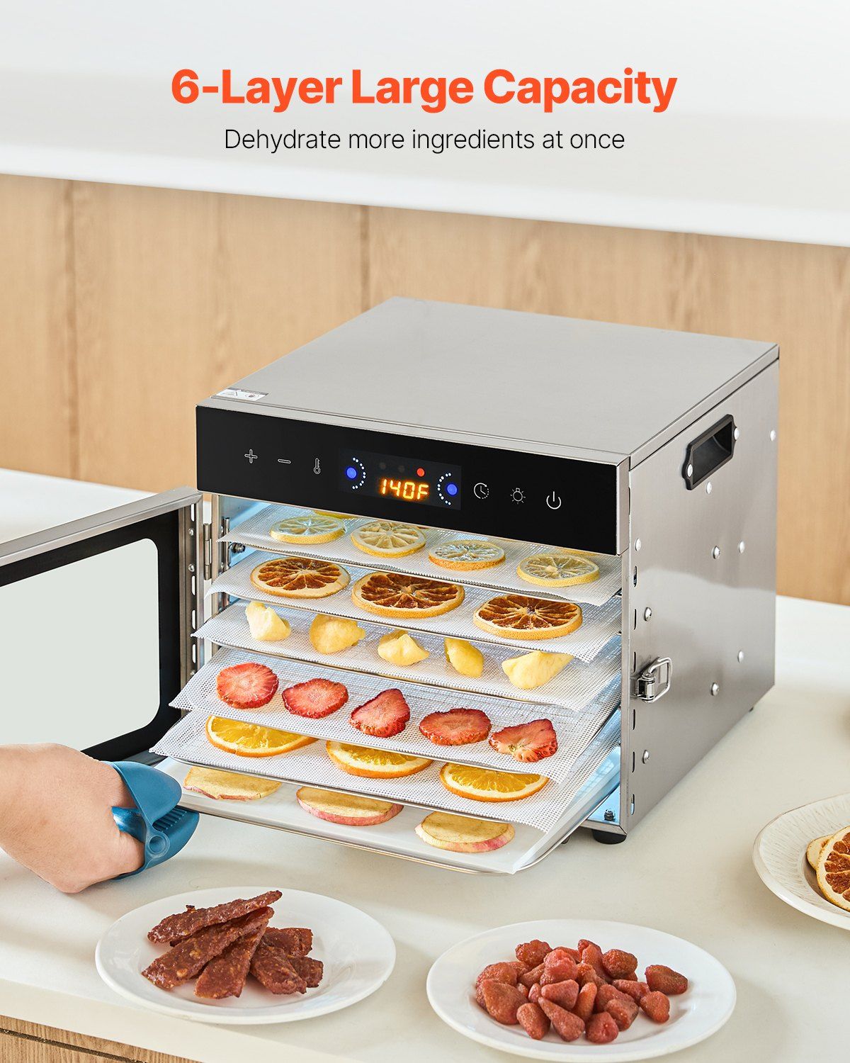 Food Dehydrator Machine, 6 Stainless Steel Trays, 400W Electric Food Dryer with Adjustable Temperature & 24-Hour Timer, Freeze Dryer for Jerky, Meat, Fruit, Vegetables, Herbs, Dog Treats - Image 4