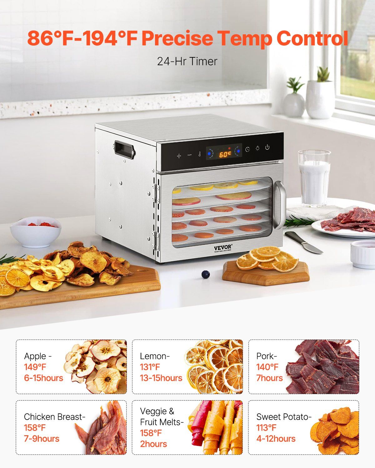 Food Dehydrator Machine, 6 Stainless Steel Trays, 400W Electric Food Dryer with Adjustable Temperature & 24-Hour Timer, Freeze Dryer for Jerky, Meat, Fruit, Vegetables, Herbs, Dog Treats - Image 5