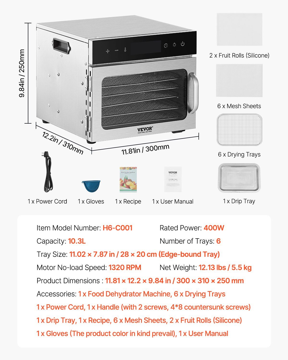 Food Dehydrator Machine, 6 Stainless Steel Trays, 400W Electric Food Dryer with Adjustable Temperature & 24-Hour Timer, Freeze Dryer for Jerky, Meat, Fruit, Vegetables, Herbs, Dog Treats - Image 7