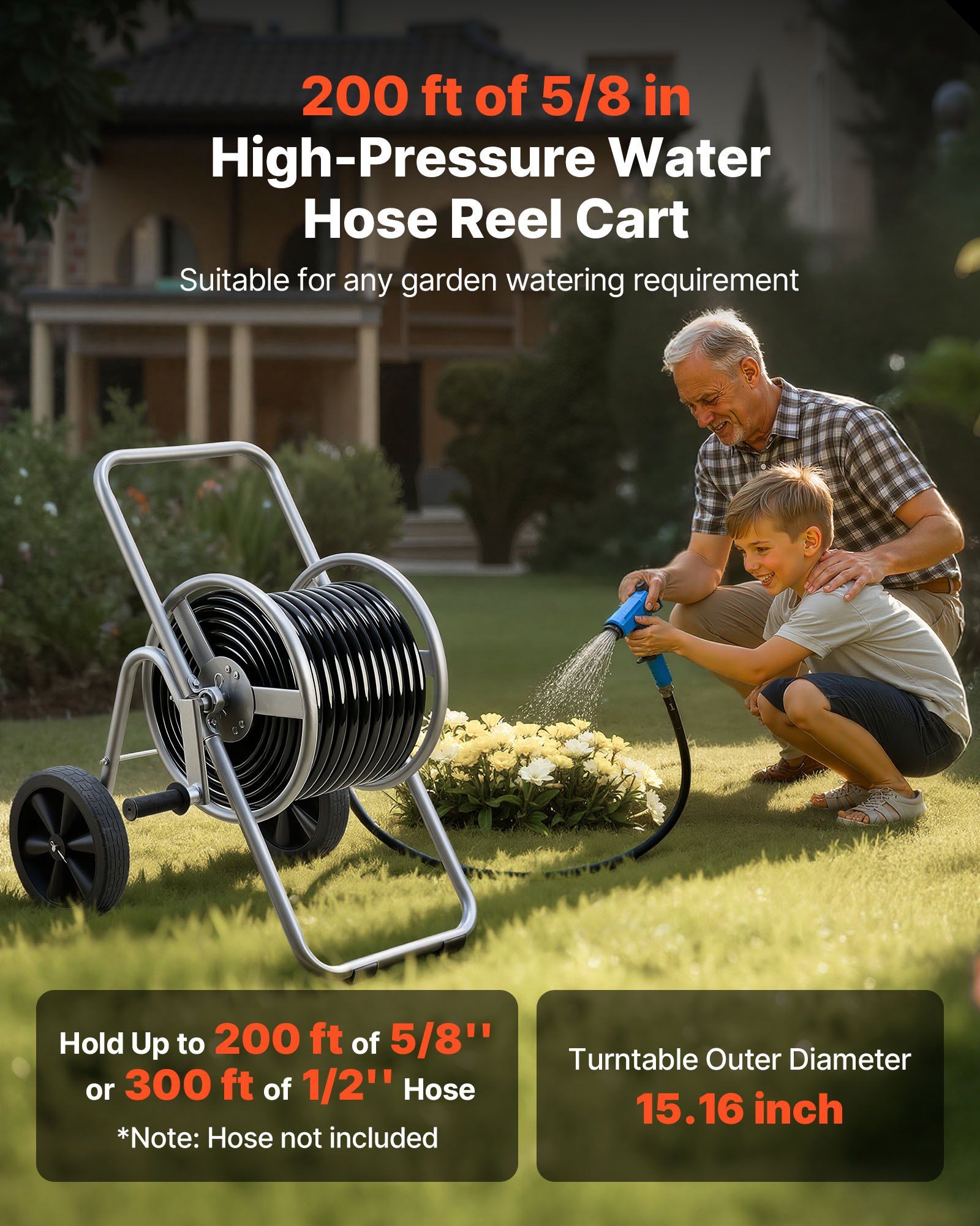 Water Hose Reel Cart, 6096/9144 cm High-Pressure Garden Hose Cart, Hoses Reel Carts with Two Wheels, Handle & Heavy-Duty Mesh Storage Basket, Portable Hoses Reels for Garden, Car, Pet Washing - Image 2