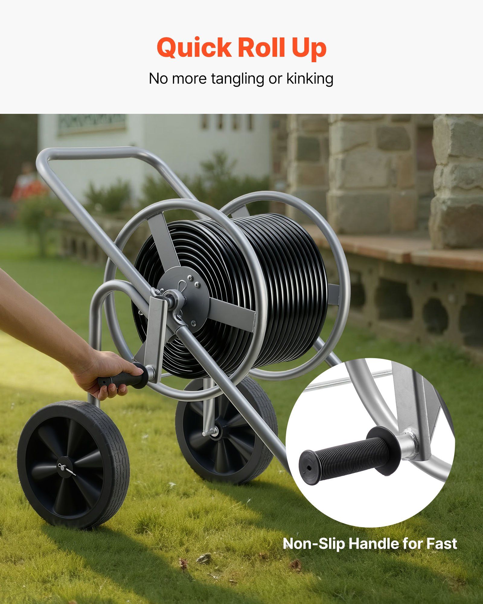 Water Hose Reel Cart, 6096/9144 cm High-Pressure Garden Hose Cart, Hoses Reel Carts with Two Wheels, Handle & Heavy-Duty Mesh Storage Basket, Portable Hoses Reels for Garden, Car, Pet Washing - Image 3