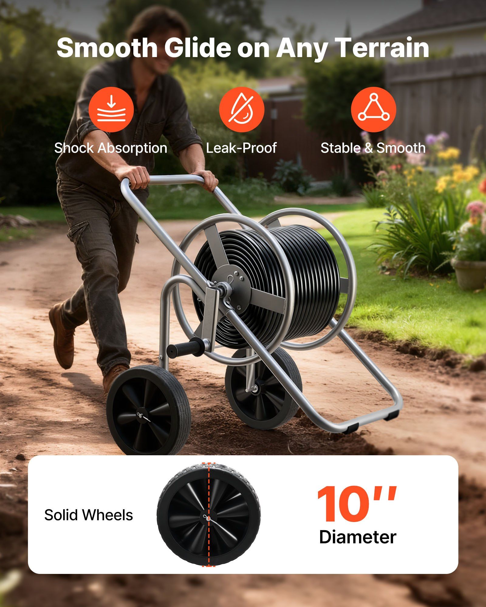 Water Hose Reel Cart, 6096/9144 cm High-Pressure Garden Hose Cart, Hoses Reel Carts with Two Wheels, Handle & Heavy-Duty Mesh Storage Basket, Portable Hoses Reels for Garden, Car, Pet Washing - Image 5