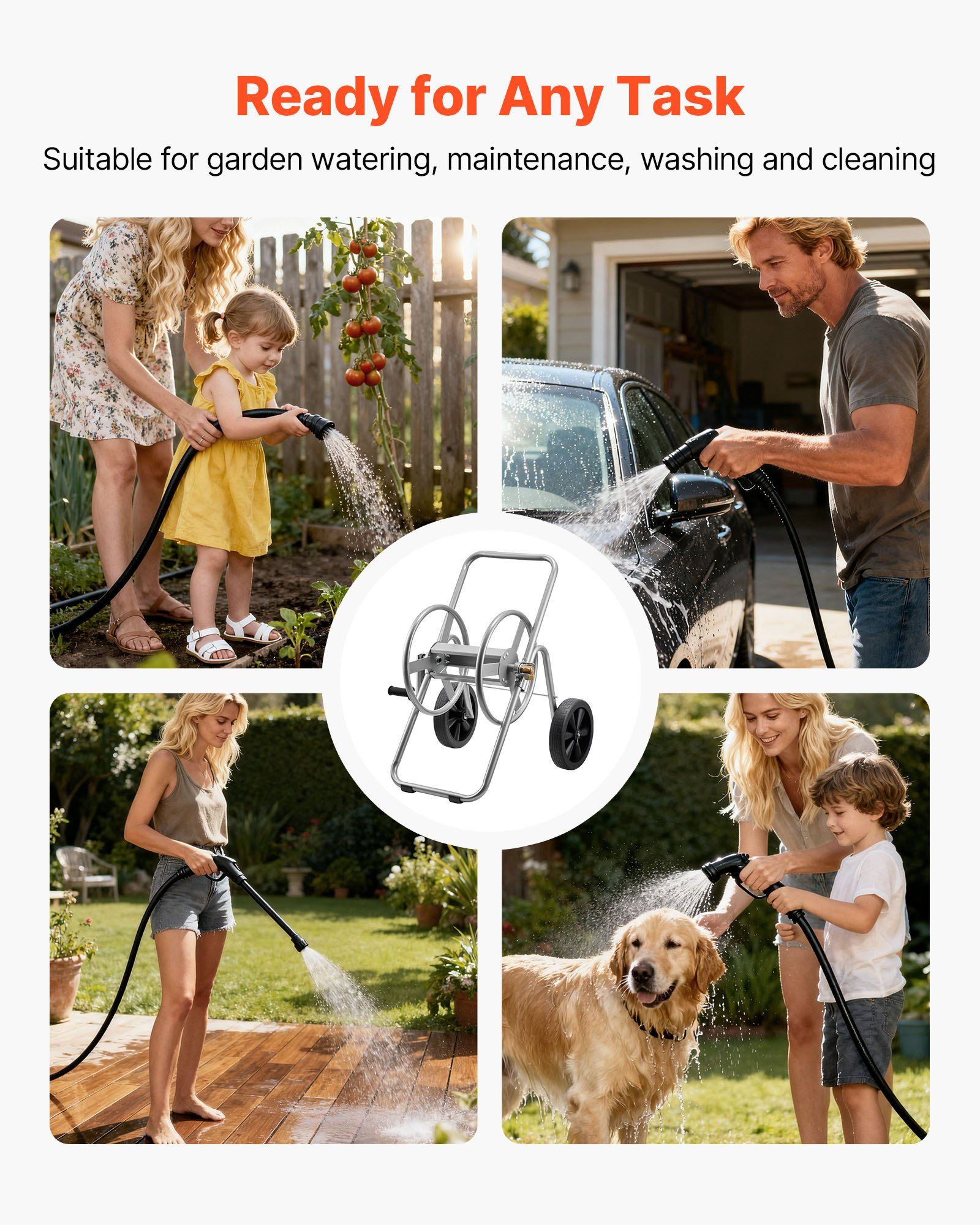 Water Hose Reel Cart, 6096/9144 cm High-Pressure Garden Hose Cart, Hoses Reel Carts with Two Wheels, Handle & Heavy-Duty Mesh Storage Basket, Portable Hoses Reels for Garden, Car, Pet Washing - Image 6