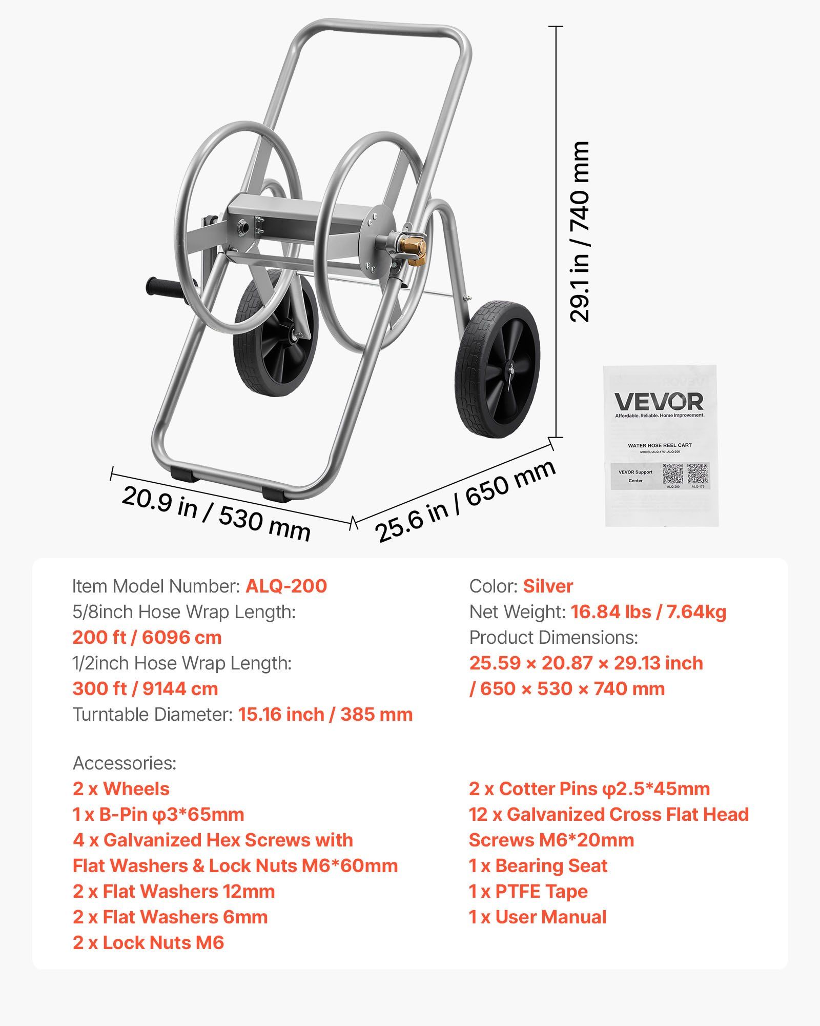 Water Hose Reel Cart, 6096/9144 cm High-Pressure Garden Hose Cart, Hoses Reel Carts with Two Wheels, Handle & Heavy-Duty Mesh Storage Basket, Portable Hoses Reels for Garden, Car, Pet Washing - Image 7