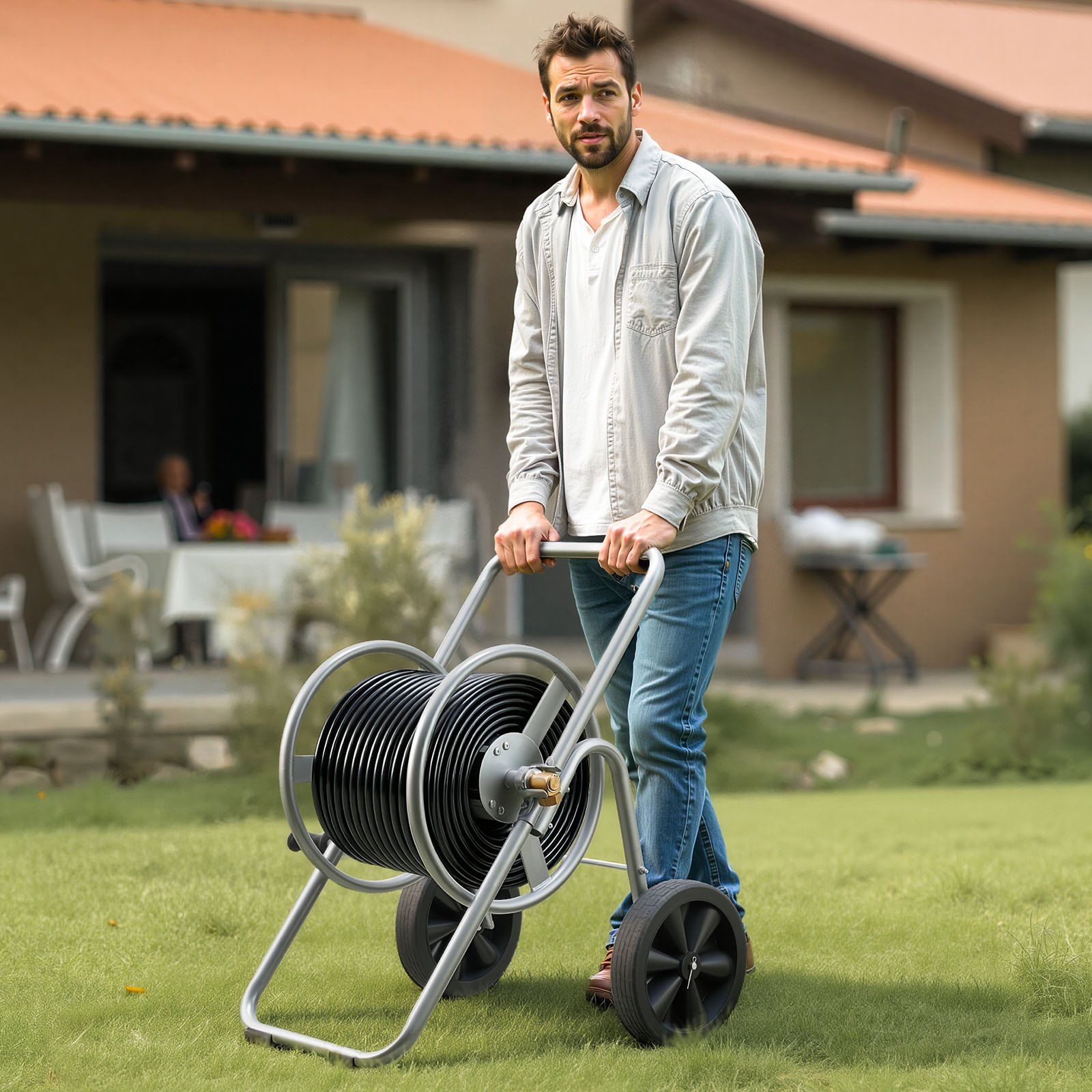 Water Hose Reel Cart, 6096/9144 cm High-Pressure Garden Hose Cart, Hoses Reel Carts with Two Wheels, Handle & Heavy-Duty Mesh Storage Basket, Portable Hoses Reels for Garden, Car, Pet Washing - Image 8