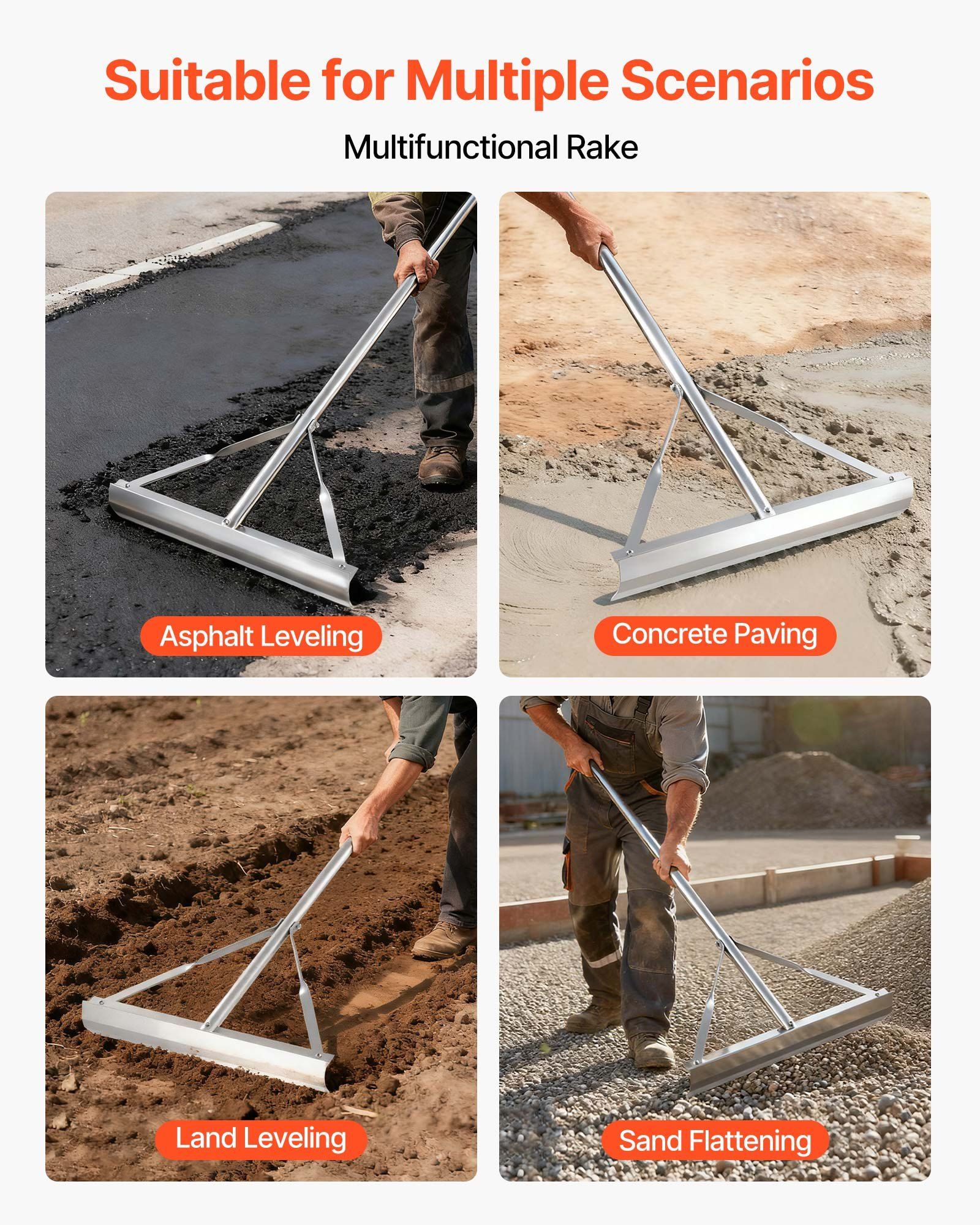 Landscape Rake, 1510 mm Handle 508 mm Wide Head, Large Heavy Duty Aluminum Landscaping Level, Asphalt Rake Tool for Asphalt & Land Leveling, Concrete Paving, Sand Flattening, No Teeth - Image 2