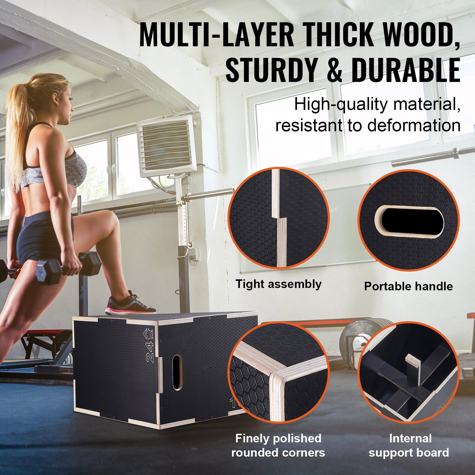 3 in 1 Plyometric Jump Box, 24/20/16 Inch Wooden Plyo Box, Platform & Jumping Agility Box, Anti-Slip Fitness Exercise Step Up Box for Home Gym Training, Conditioning Strength Training, Black - Image 4