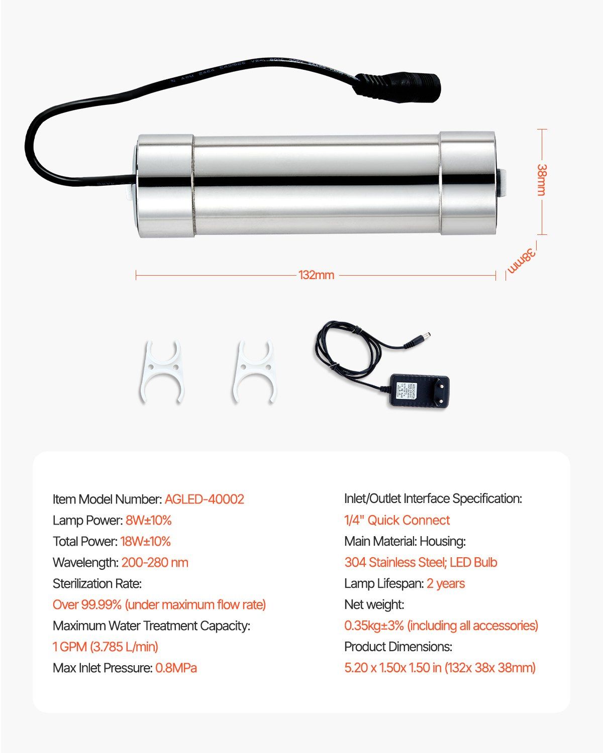 UV Water Purifier, 8W 1GPM, 220V Versatile Ultraviolet Water Purifier Filter with Stainless Steel Housing, Whole House UV Water Filter with Quartz Sleeve Fit for Shower/Drinking/Cleaning - Image 7