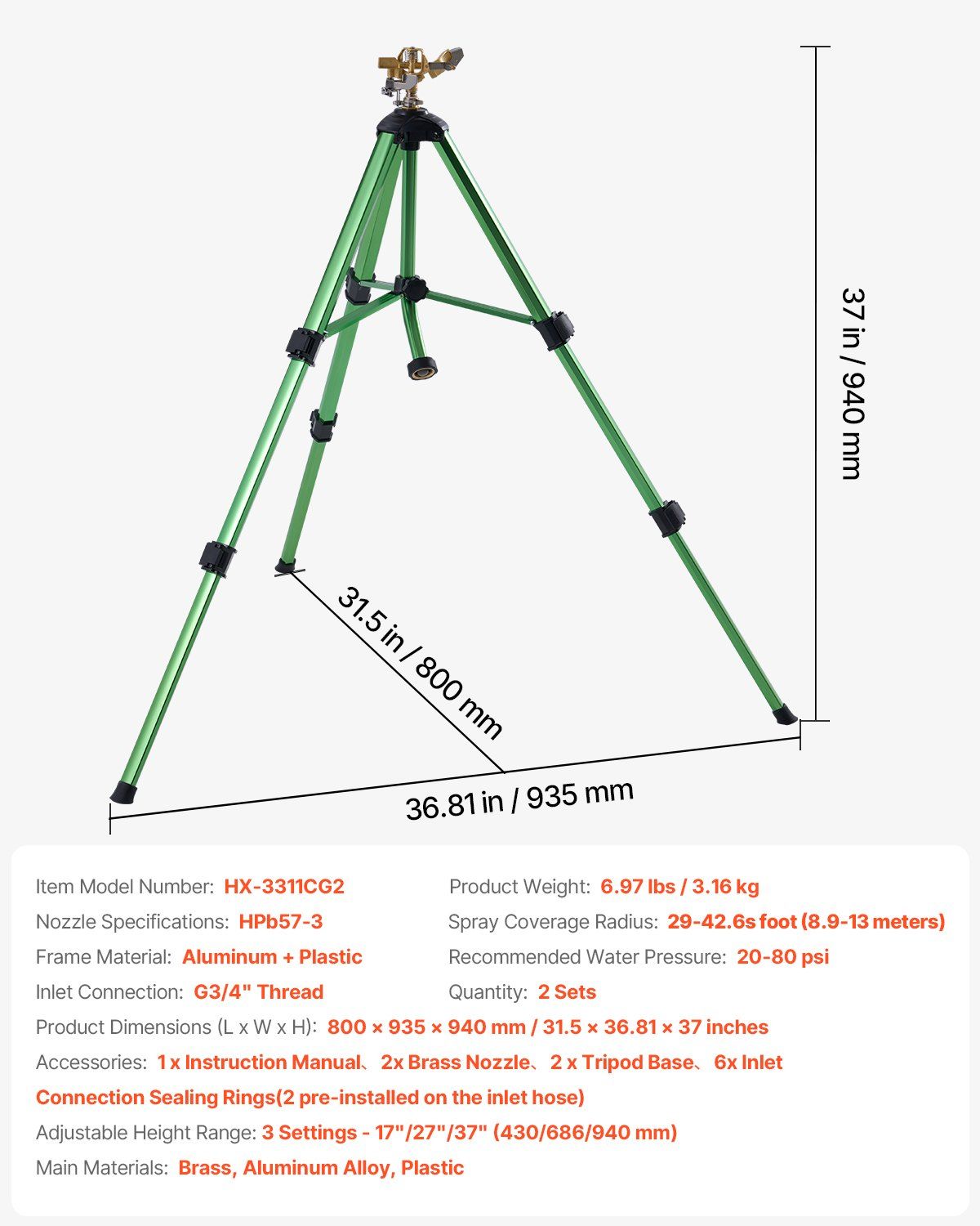 Impact Sprinkler on Tripod Base, 2 Packs, Heavy Duty Tripod Sprinklers with Brass Head & G3/4