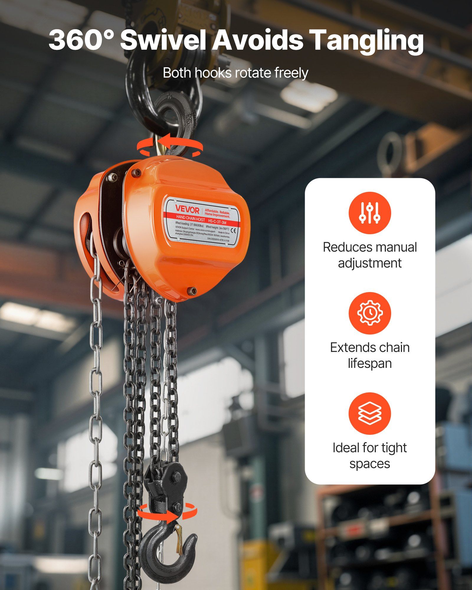 Hand Chain Hoist, 3 Ton Capacity, Manual Chain Block with Upgrade G80 Galvanized Chain, 3 m Lifting Height, Heavy Duty Pulley Hoist for Garage Warehouse Automotive Machinery, Orange - Image 6