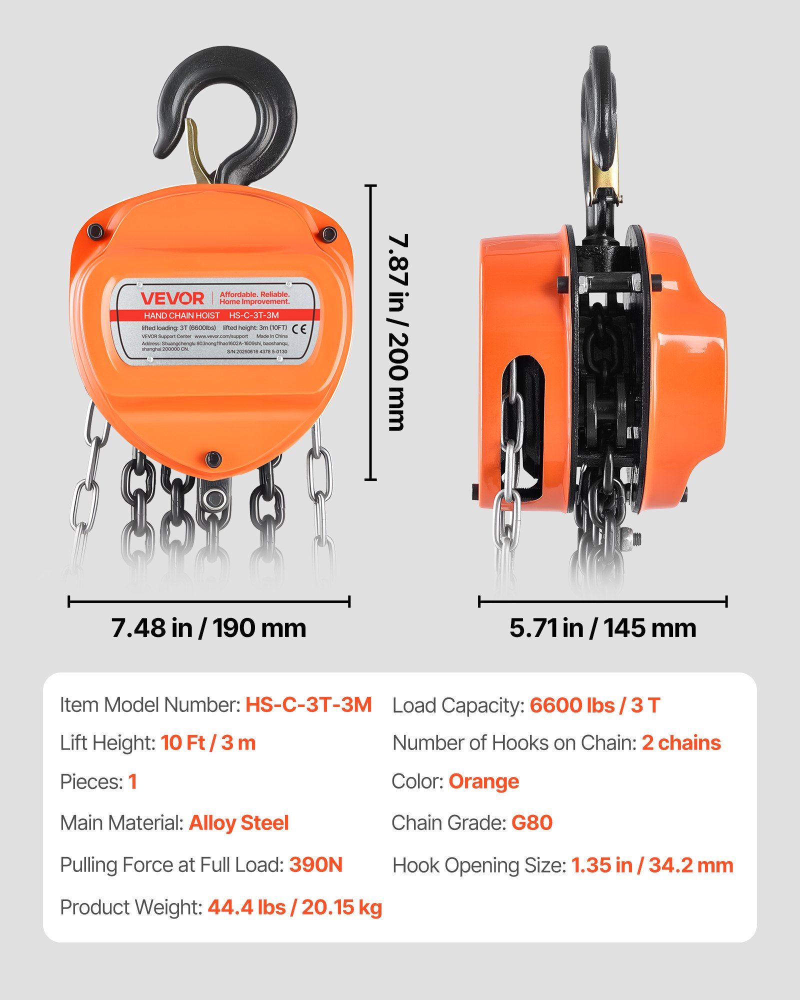 Hand Chain Hoist, 3 Ton Capacity, Manual Chain Block with Upgrade G80 Galvanized Chain, 3 m Lifting Height, Heavy Duty Pulley Hoist for Garage Warehouse Automotive Machinery, Orange - Image 7