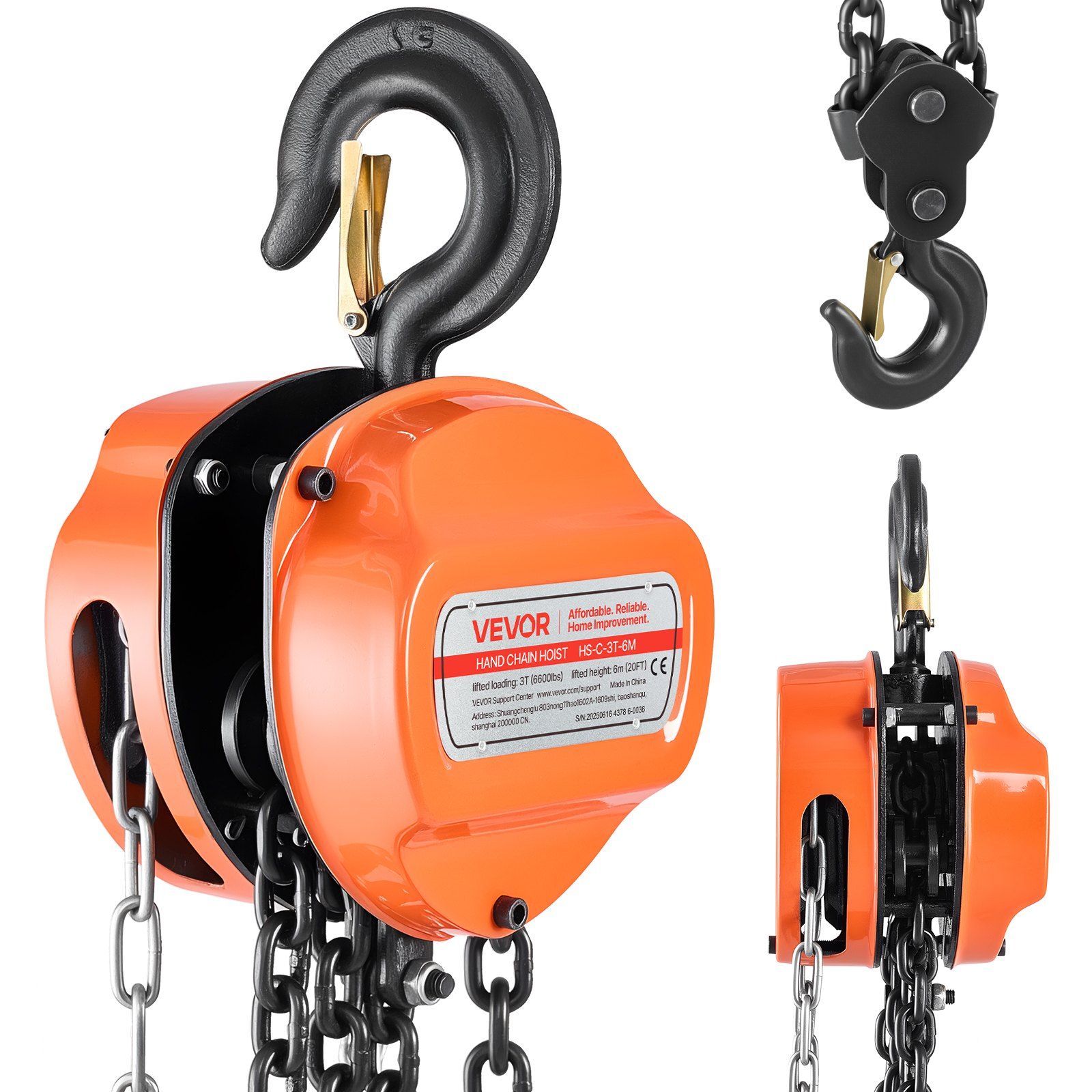 Hand Chain Hoist, 3 Ton Capacity, Manual Chain Block with Upgrade G80 Galvanized Chain, 6 m Lifting Height, Heavy Duty Pulley Hoist for Garage Warehouse Automotive Machinery, Orange - Image 1