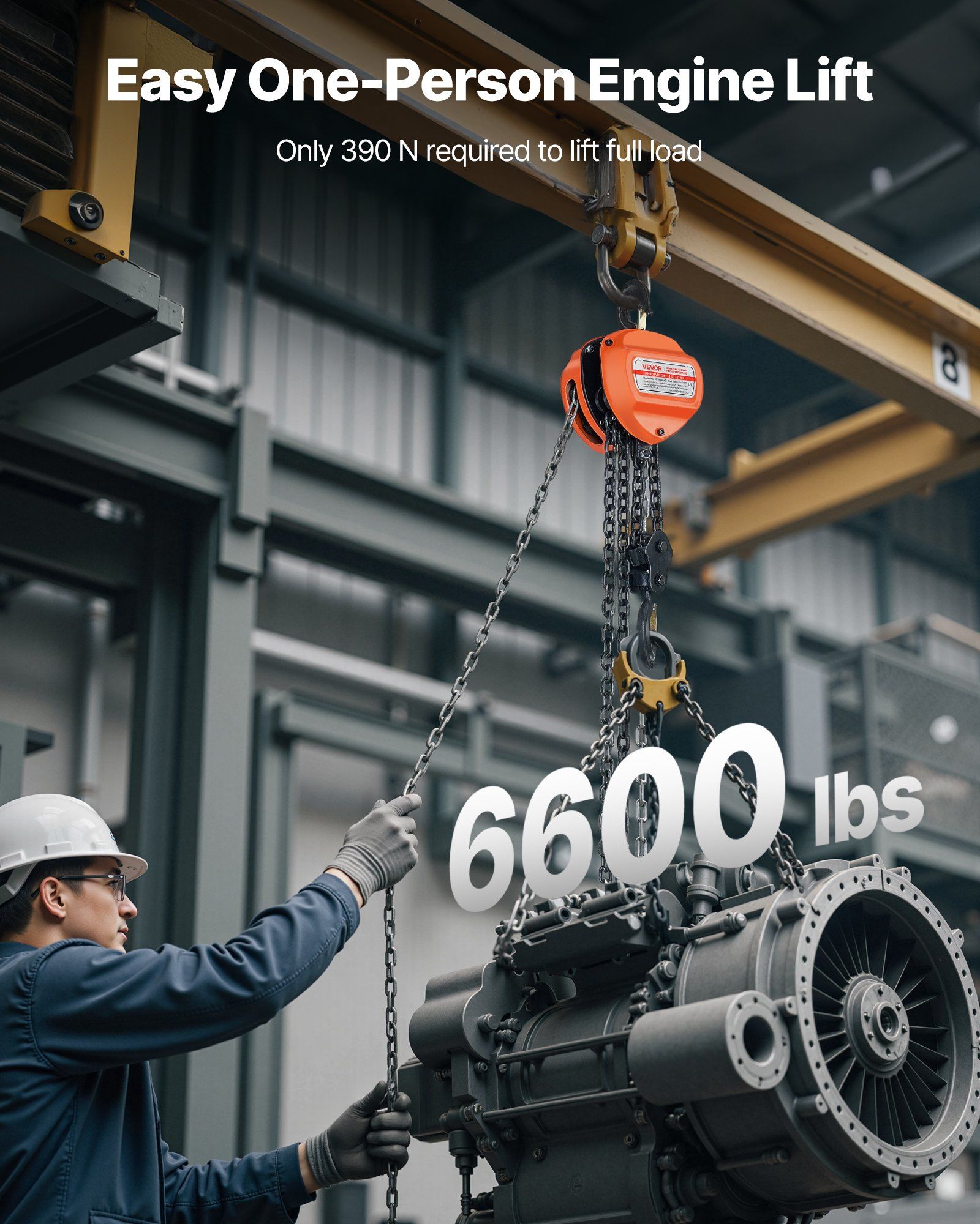 Hand Chain Hoist, 3 Ton Capacity, Manual Chain Block with Upgrade G80 Galvanized Chain, 6 m Lifting Height, Heavy Duty Pulley Hoist for Garage Warehouse Automotive Machinery, Orange - Image 2