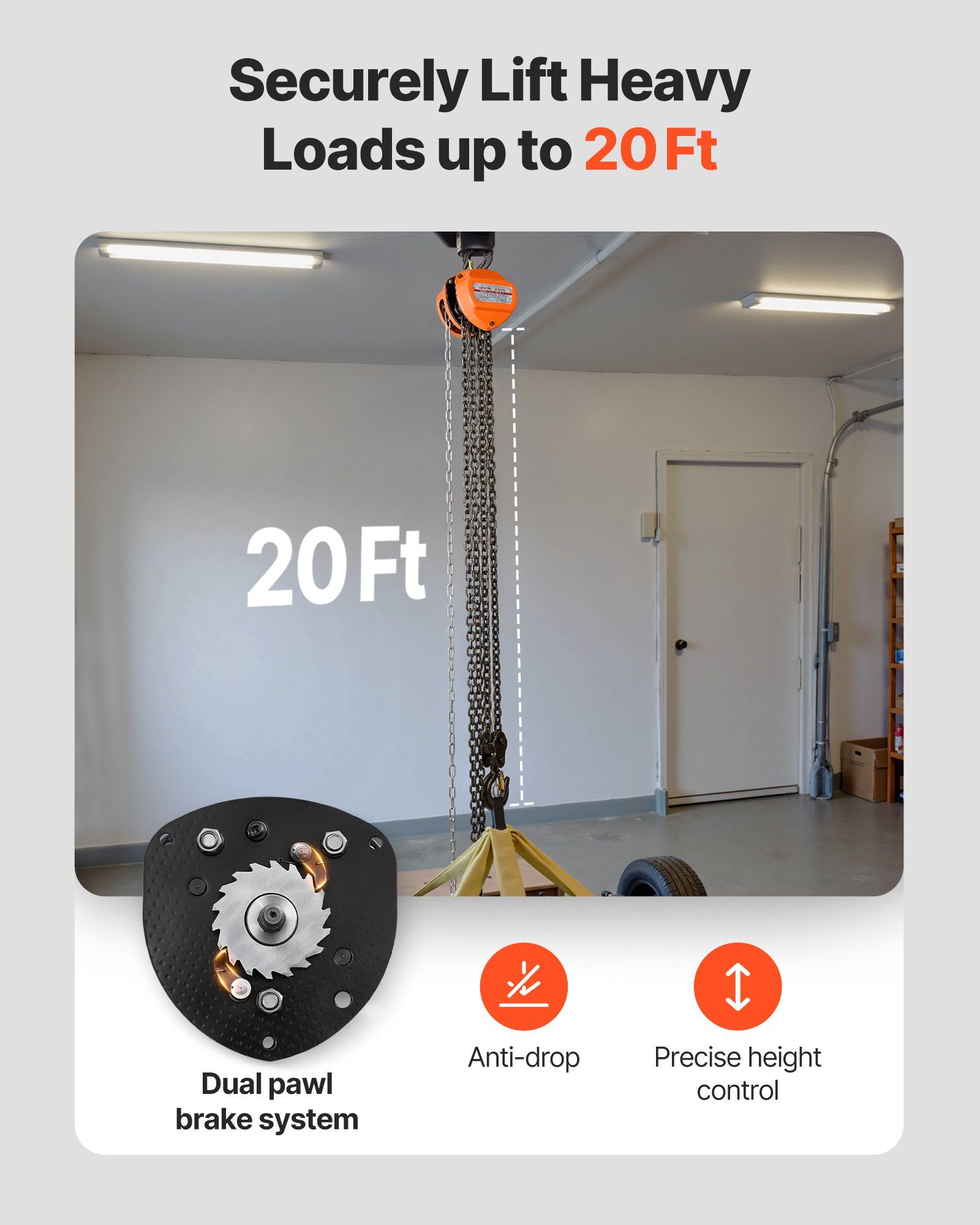 Hand Chain Hoist, 3 Ton Capacity, Manual Chain Block with Upgrade G80 Galvanized Chain, 6 m Lifting Height, Heavy Duty Pulley Hoist for Garage Warehouse Automotive Machinery, Orange - Image 3