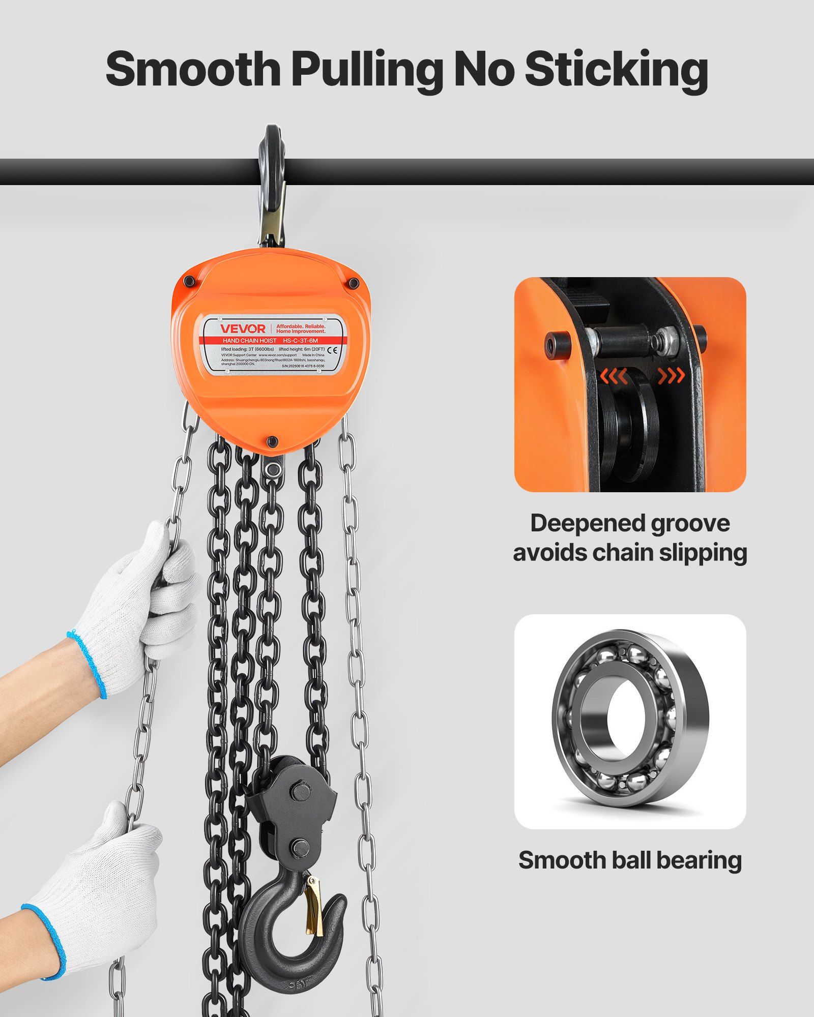 Hand Chain Hoist, 3 Ton Capacity, Manual Chain Block with Upgrade G80 Galvanized Chain, 6 m Lifting Height, Heavy Duty Pulley Hoist for Garage Warehouse Automotive Machinery, Orange - Image 4