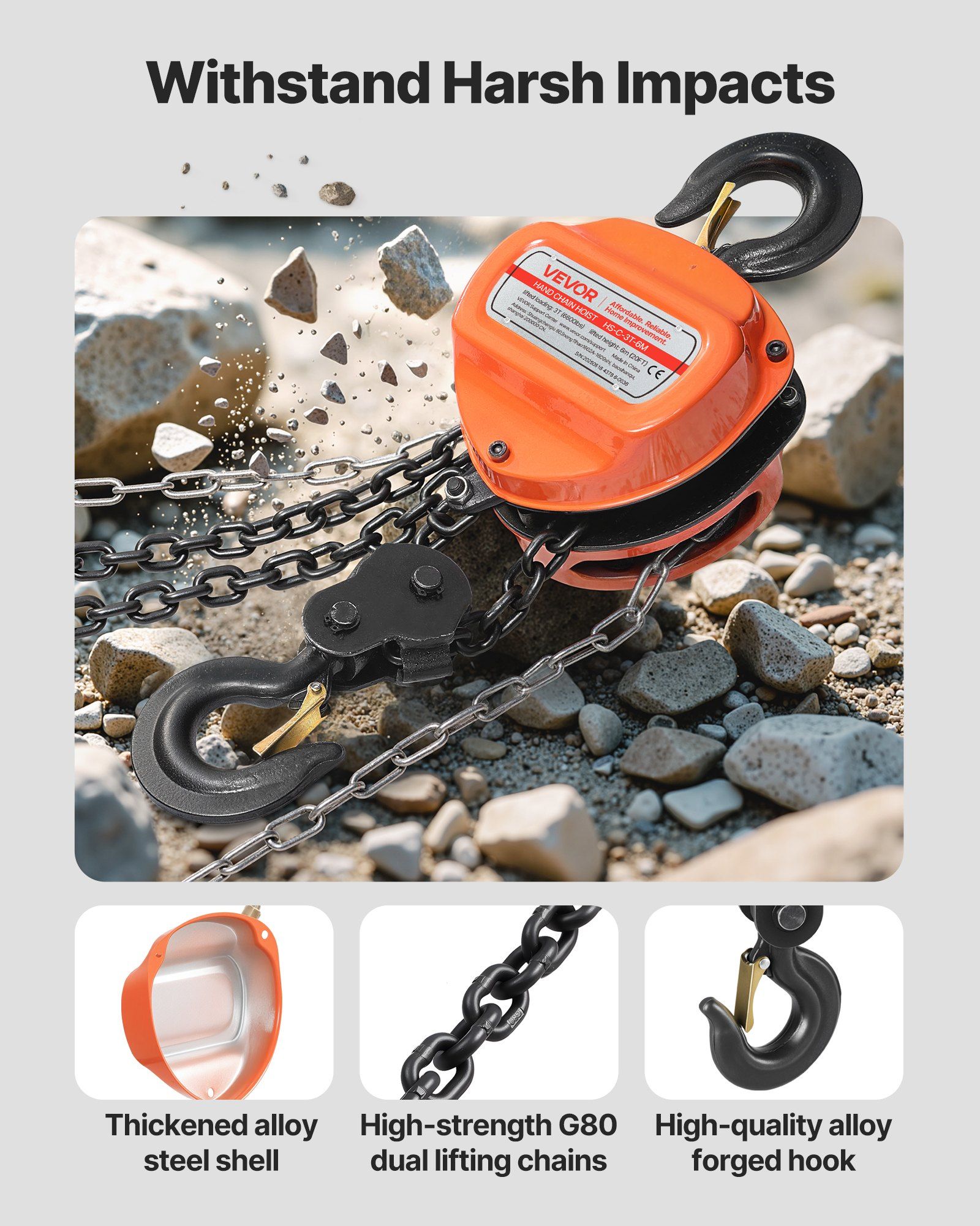 Hand Chain Hoist, 3 Ton Capacity, Manual Chain Block with Upgrade G80 Galvanized Chain, 6 m Lifting Height, Heavy Duty Pulley Hoist for Garage Warehouse Automotive Machinery, Orange - Image 5