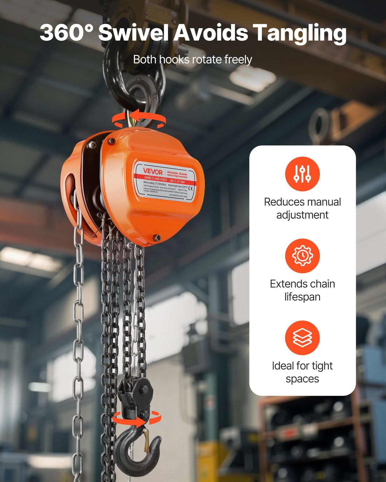 Hand Chain Hoist, 3 Ton Capacity, Manual Chain Block with Upgrade G80 Galvanized Chain, 6 m Lifting Height, Heavy Duty Pulley Hoist for Garage Warehouse Automotive Machinery, Orange - Image 6