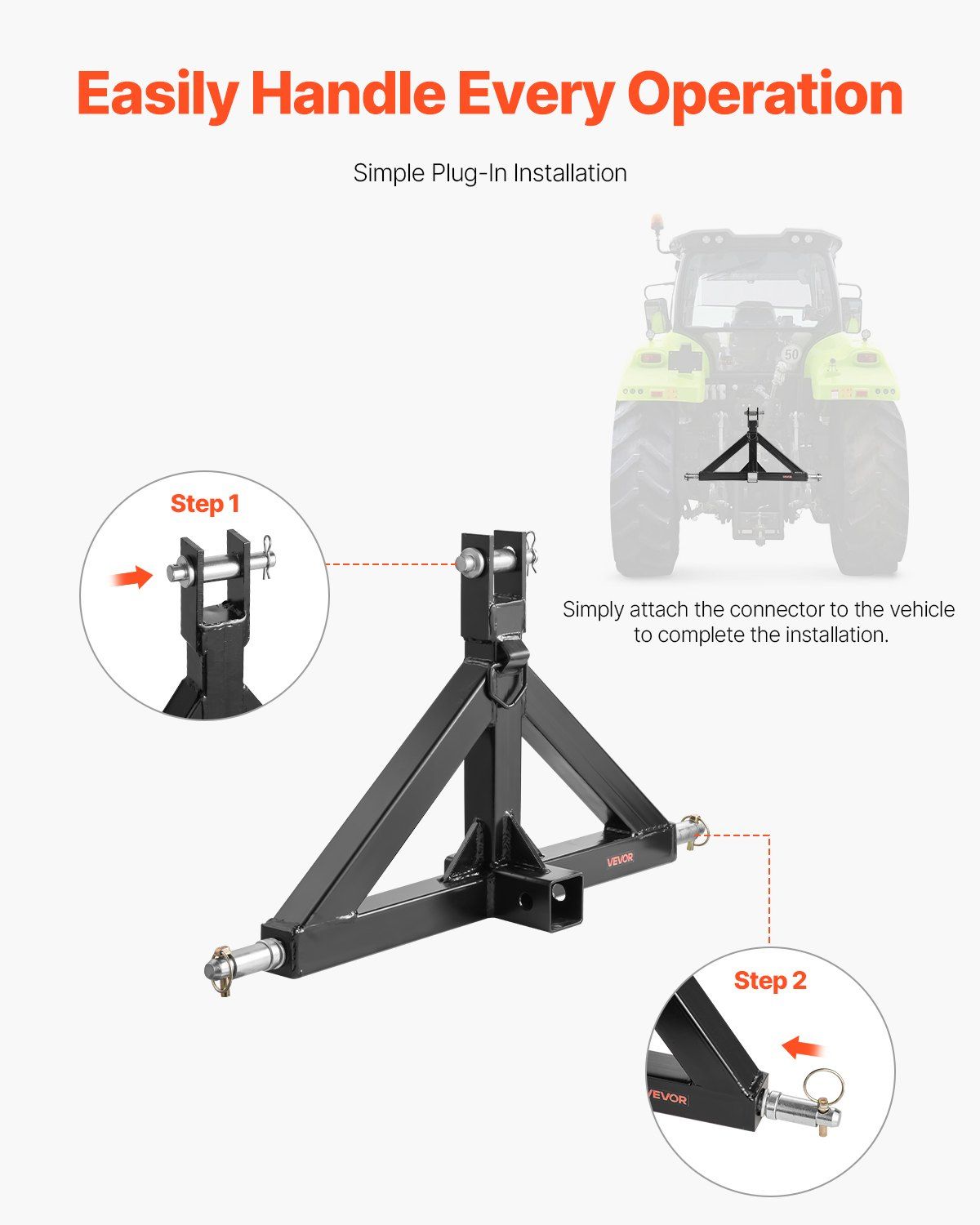 3 Point Hitch Receiver with 2 in Receiver, 3pt Quick Hitch Attachment, 3,000 lbs Capacity, Heavy Duty Tractor Tow Drawbar Adapter, Compatible with Kubota, Mahindra, John Deere, Massey Ferguson - Image 6