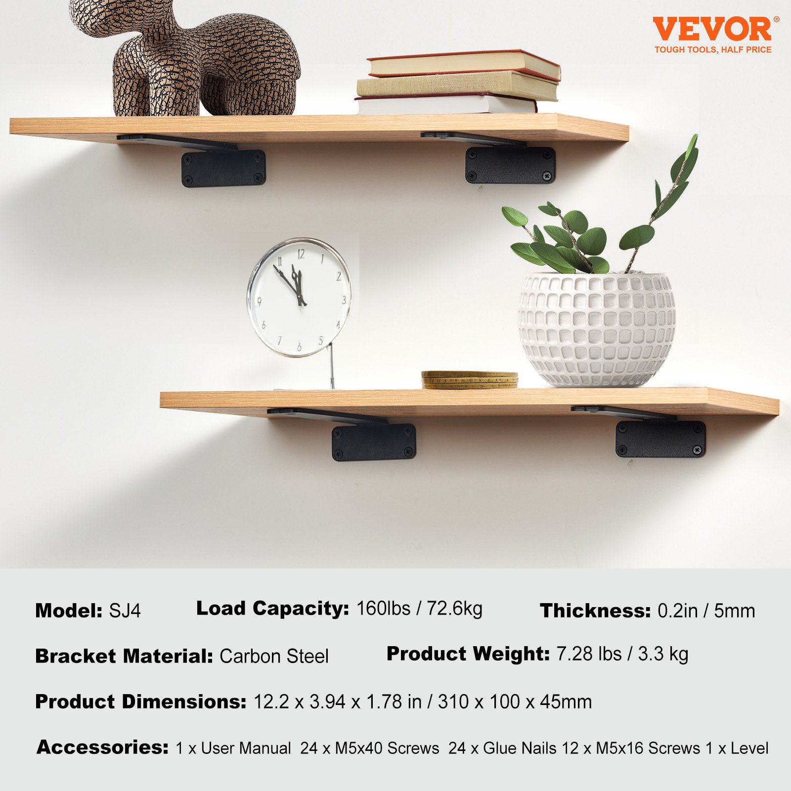 Shelf Bracket, 31cmL x 10cmW x 4.5cmH 6 Pcs, Heavy Duty Floating Shelf Brackets, Brackets for Shelves, 5mm Thick Matte Black L Shelf Bracket,Steel Shelving Brackets with 72.6 kg Load Capacity - Image 7