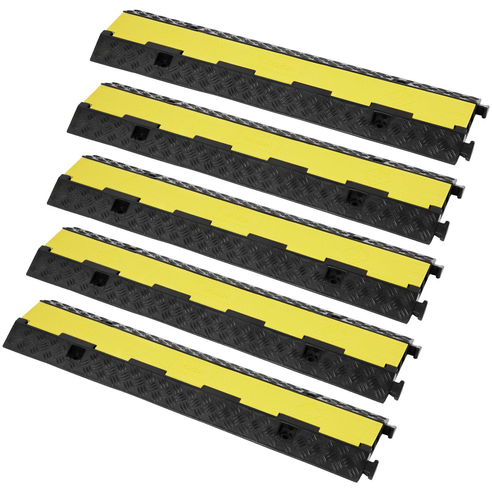 5 PCs Rubber Cable Protector Ramp, 2 Channel, 12000 lbs/axle Capacity Heavy Duty Hose Wire Cover Ramp Driveway, Traffic Speed Bump with Flip-Open Top Cover & 50 ft Warning Tape, for Indoor&Outdo - Image 1
