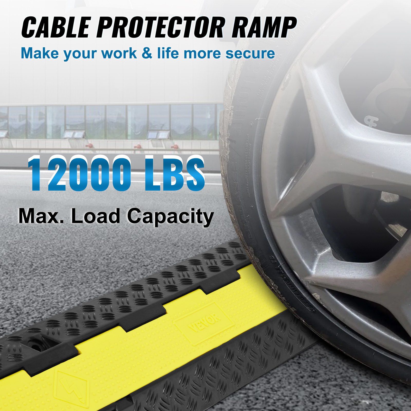 5 PCs Rubber Cable Protector Ramp, 2 Channel, 12000 lbs/axle Capacity Heavy Duty Hose Wire Cover Ramp Driveway, Traffic Speed Bump with Flip-Open Top Cover & 50 ft Warning Tape, for Indoor&Outdo - Image 2