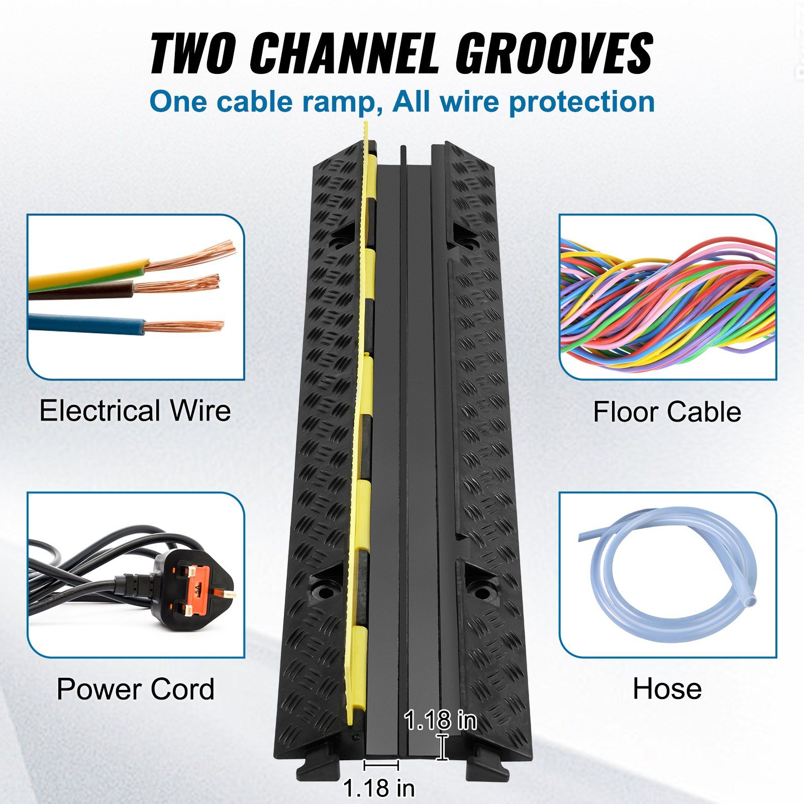 5 PCs Rubber Cable Protector Ramp, 2 Channel, 12000 lbs/axle Capacity Heavy Duty Hose Wire Cover Ramp Driveway, Traffic Speed Bump with Flip-Open Top Cover & 50 ft Warning Tape, for Indoor&Outdo - Image 3