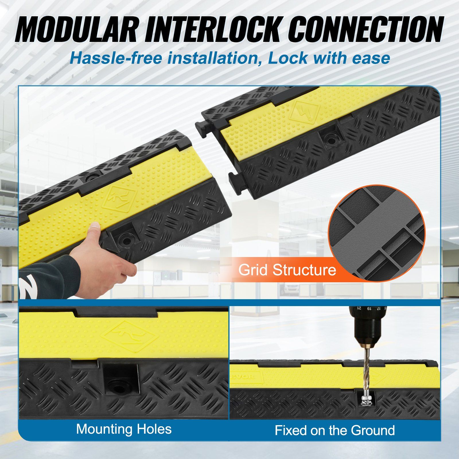 5 PCs Rubber Cable Protector Ramp, 2 Channel, 12000 lbs/axle Capacity Heavy Duty Hose Wire Cover Ramp Driveway, Traffic Speed Bump with Flip-Open Top Cover & 50 ft Warning Tape, for Indoor&Outdo - Image 6