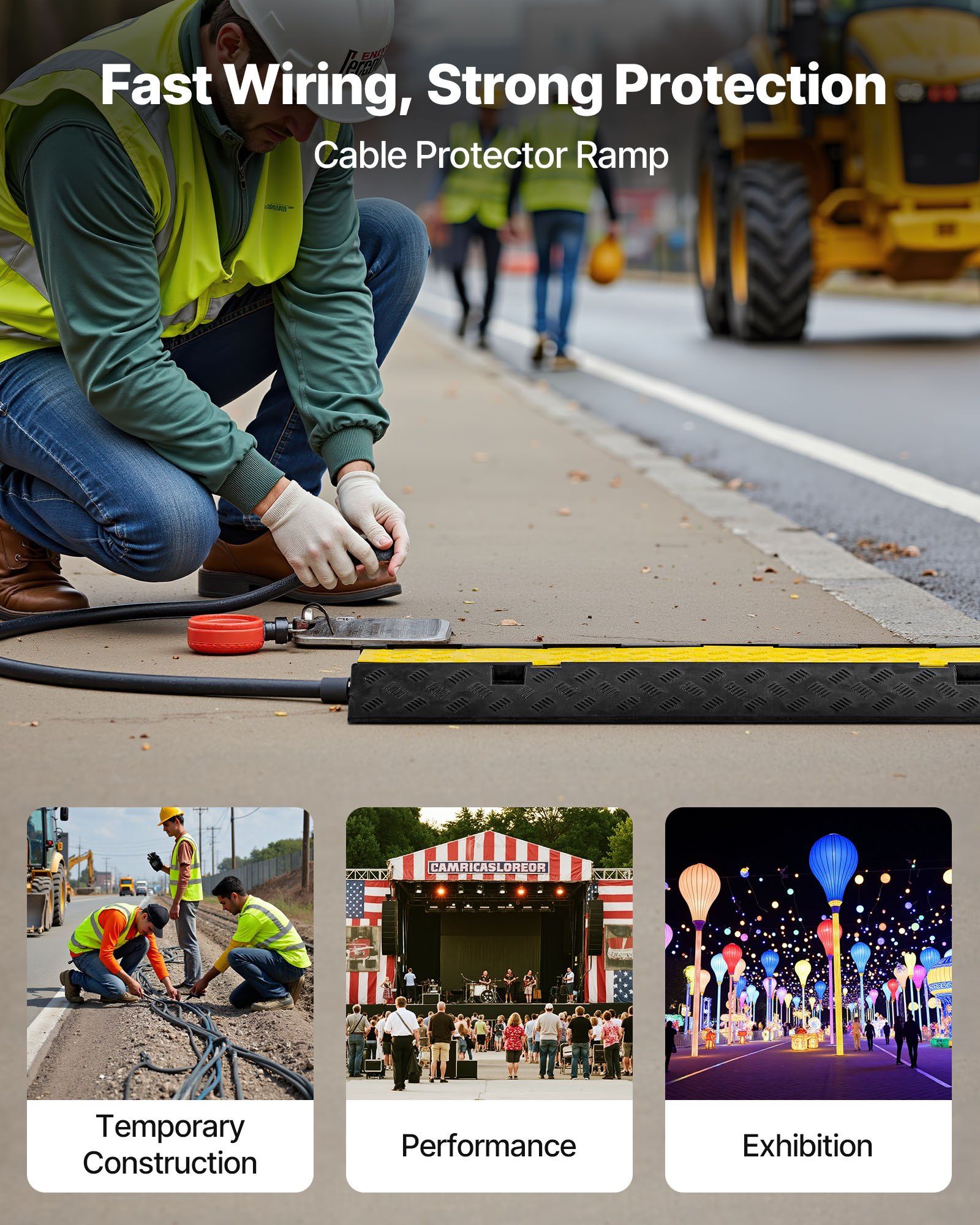 Cable Protector Ramp, 9,979 kg/axle Capacity, 2 Channel Heavy Duty Rubber Cord Hose Wire Cover, 55 x 50 mm Channel, Traffic Speed Bump with Flip-Open Top Cover, for Indoor Outdoor Use, 1 Pack - Image 2