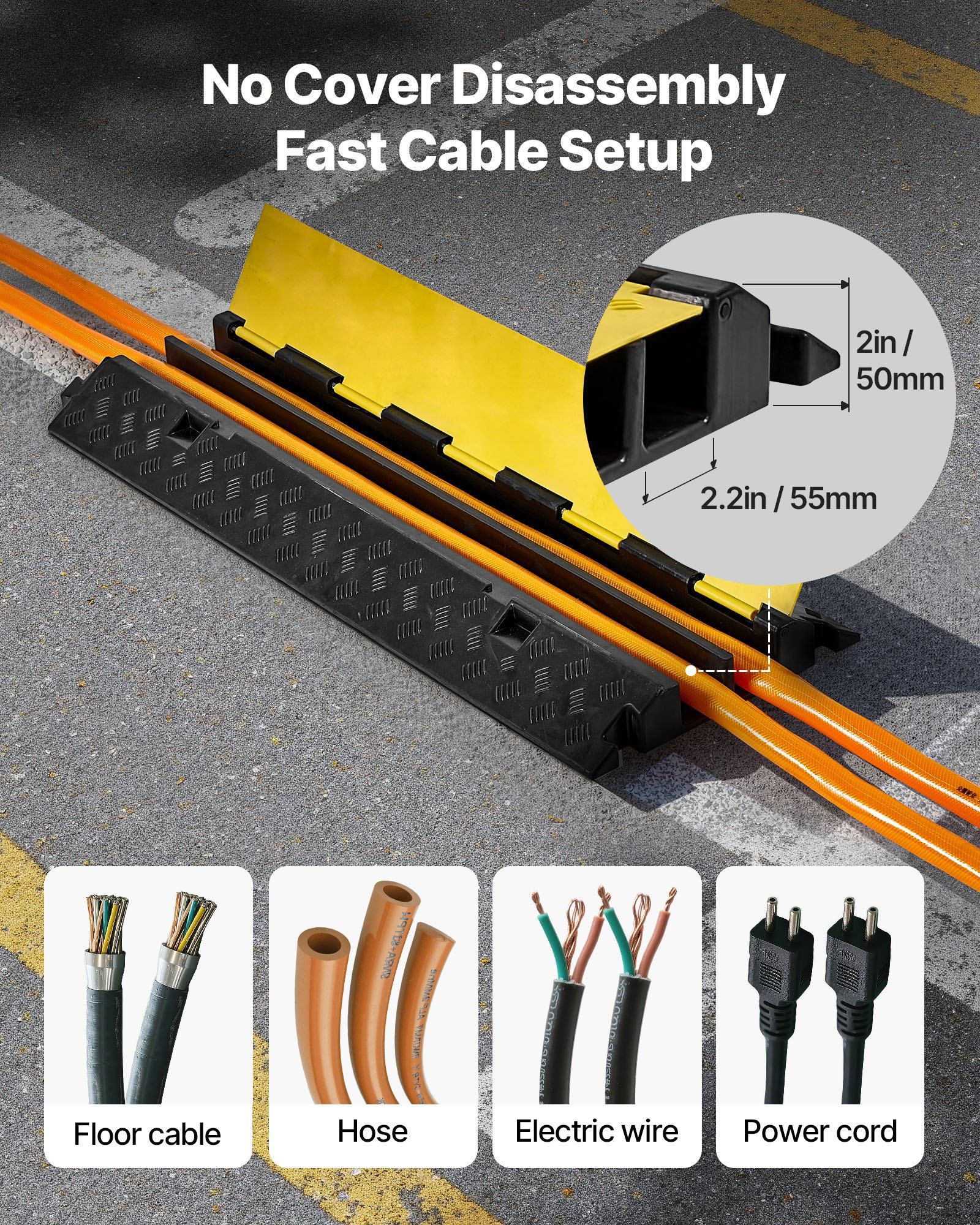 Cable Protector Ramp, 9,979 kg/axle Capacity, 2 Channel Heavy Duty Rubber Cord Hose Wire Cover, 55 x 50 mm Channel, Traffic Speed Bump with Flip-Open Top Cover, for Indoor Outdoor Use, 1 Pack - Image 4