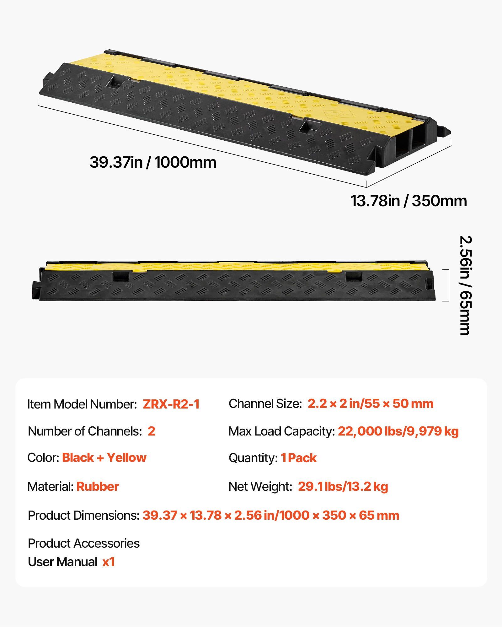Cable Protector Ramp, 9,979 kg/axle Capacity, 2 Channel Heavy Duty Rubber Cord Hose Wire Cover, 55 x 50 mm Channel, Traffic Speed Bump with Flip-Open Top Cover, for Indoor Outdoor Use, 1 Pack - Image 7