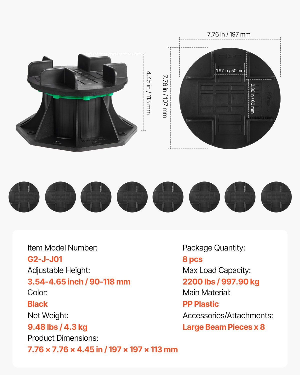 Deck Blocks 8 PCS, 2200 lbs / 997.90 kg Load Capacity Deck Support Plastic Pedestal Paver, Raising 3.54 - 4.65 inch / 90 - 118 mm, Height Adjustable Shed Foundation Base for Wood Concrete Metal - Image 7