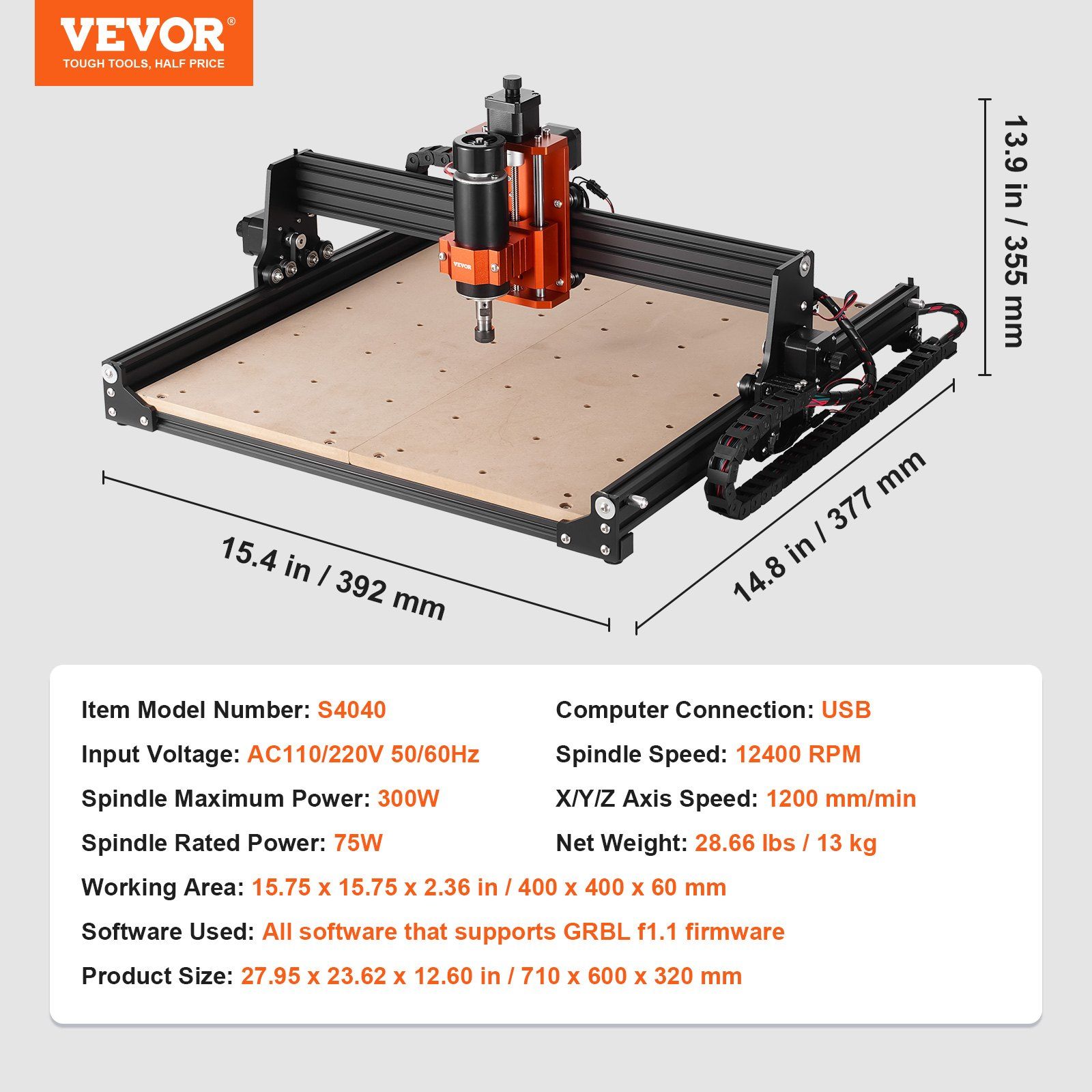 CNC Router Machine, 300W, 3 Axis GRBL Control Wood Engraving Carving Milling Machine Kit, 15.75 x 15.75 x 2.36 in / 400 x 400 x 60 mm Working Area 1200 RPM for Wood Acrylic MDF PVC Plastic Foam - Image 7