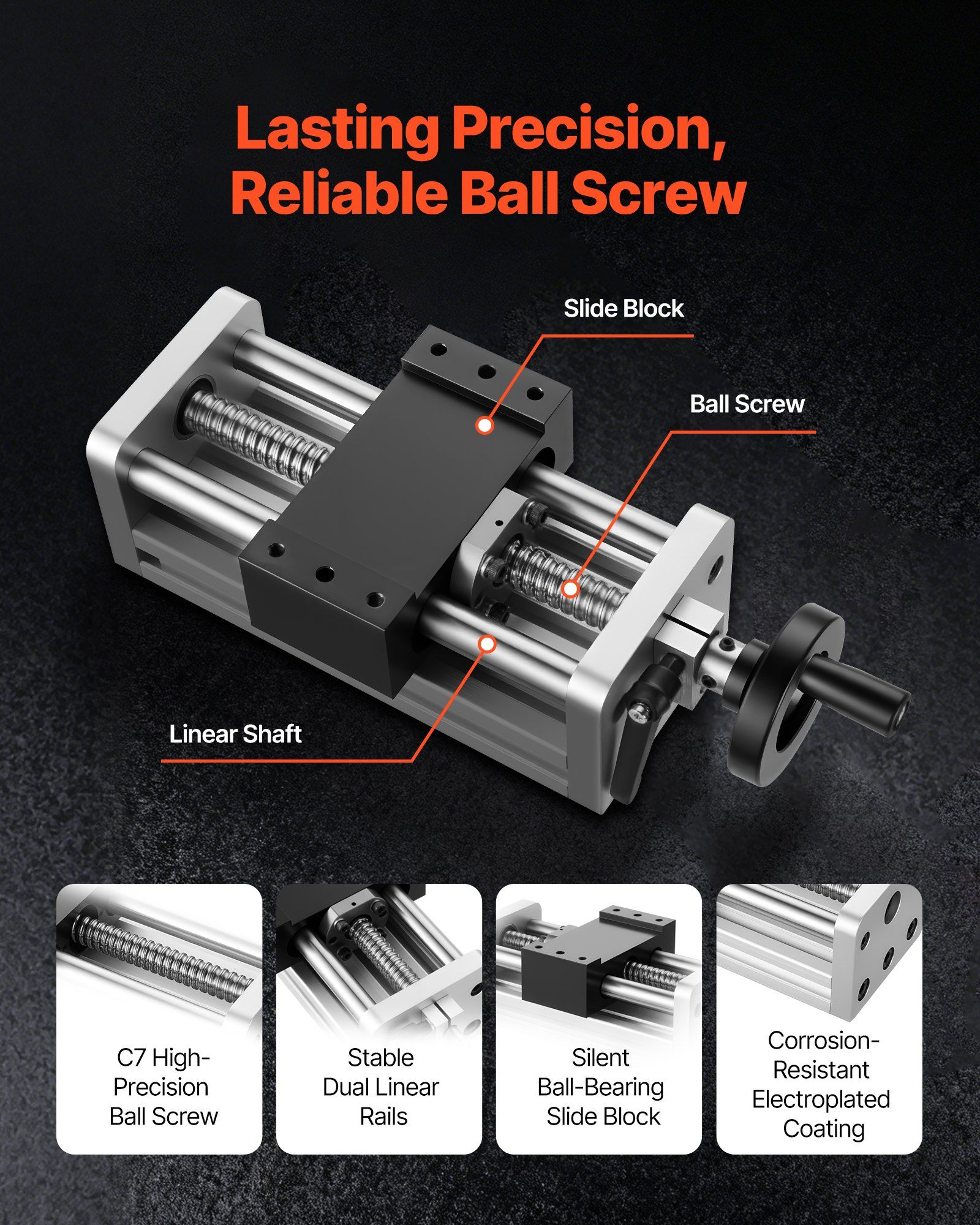 Linear Stage Actuator, 100 mm Effective Stroke, Ball Screw CNC Linear Motion Guide Rail, Double Optical Axis, C7 High-Precision, Bearing Slide Block, Manual Handwheel, for CNC Router X Y Z Axis - Image 3