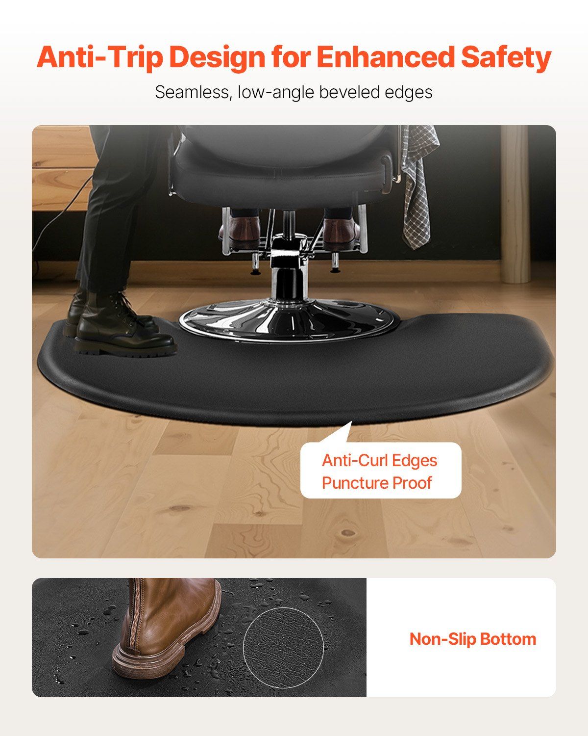 Salon Mat for Hair Stylist, 1220 x 930 mm Semi-circle Salon Chair Mat, 25mm Thickened Anti Fatigue Barber Shop Floor Mat with Round Cut Out, Easy-to-Clean PVC Surface & Anti-Trip Beveled Edges - Image 6