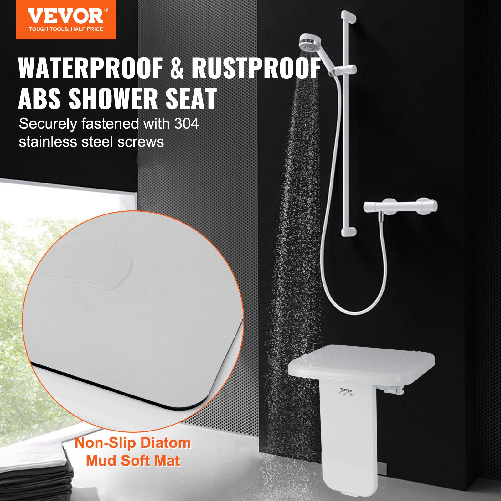 Folding ABS Shower Seat, 15.7'' x 16.7'' Unfolded, Wall Mounted Fold Up Shower Bench with 440 lbs Load Capacity, Space Saving Fold Down Shower Chair for Seniors Pregnant Women Children Adults - Image 2