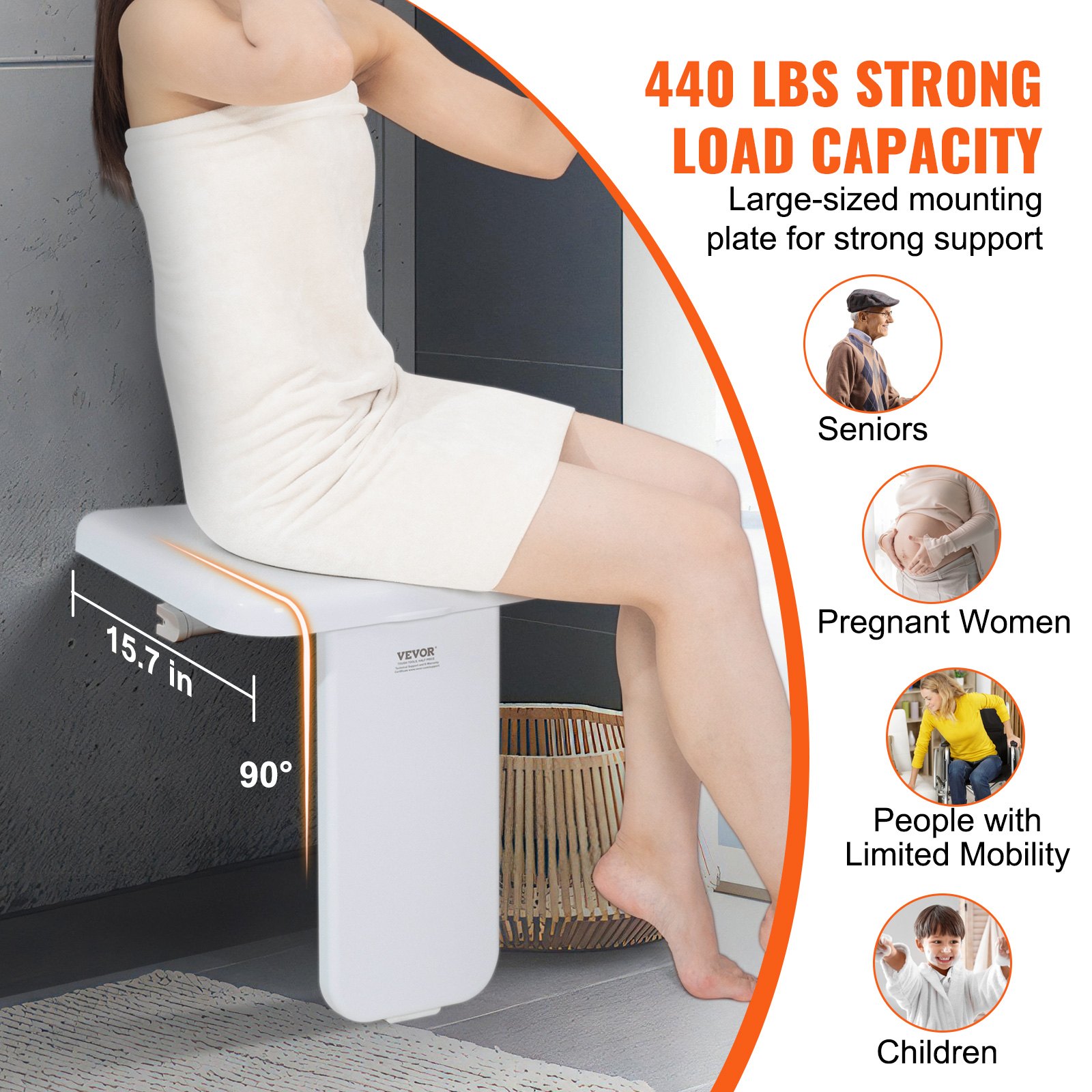 Folding ABS Shower Seat, 15.7'' x 16.7'' Unfolded, Wall Mounted Fold Up Shower Bench with 440 lbs Load Capacity, Space Saving Fold Down Shower Chair for Seniors Pregnant Women Children Adults - Image 3