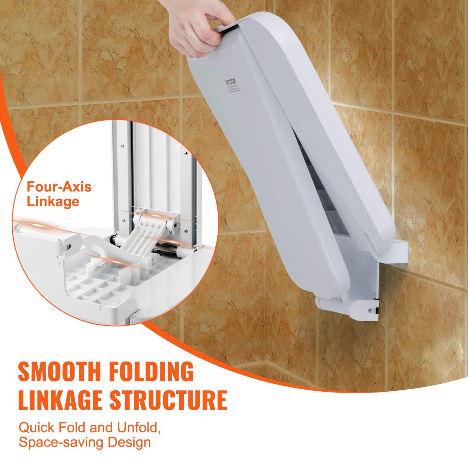 Folding ABS Shower Seat, 15.7'' x 16.7'' Unfolded, Wall Mounted Fold Up Shower Bench with 440 lbs Load Capacity, Space Saving Fold Down Shower Chair for Seniors Pregnant Women Children Adults - Image 4