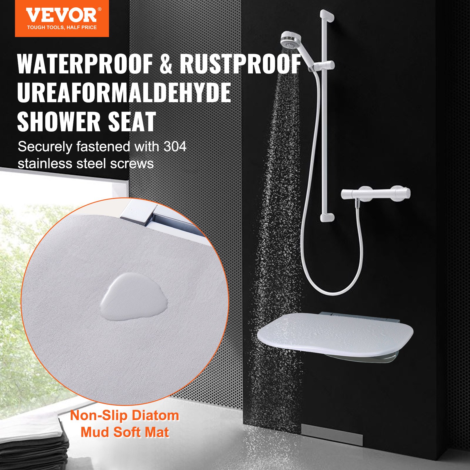 Urea-formaldehyde Folding Shower Seat, 13.6'' x 12.8'' Unfolded, Wall Mounted Fold Up Shower Bench with 450 lbs Load Capacity, Space Saving Fold Down Shower Chair for Seniors Children Adults - Image 2