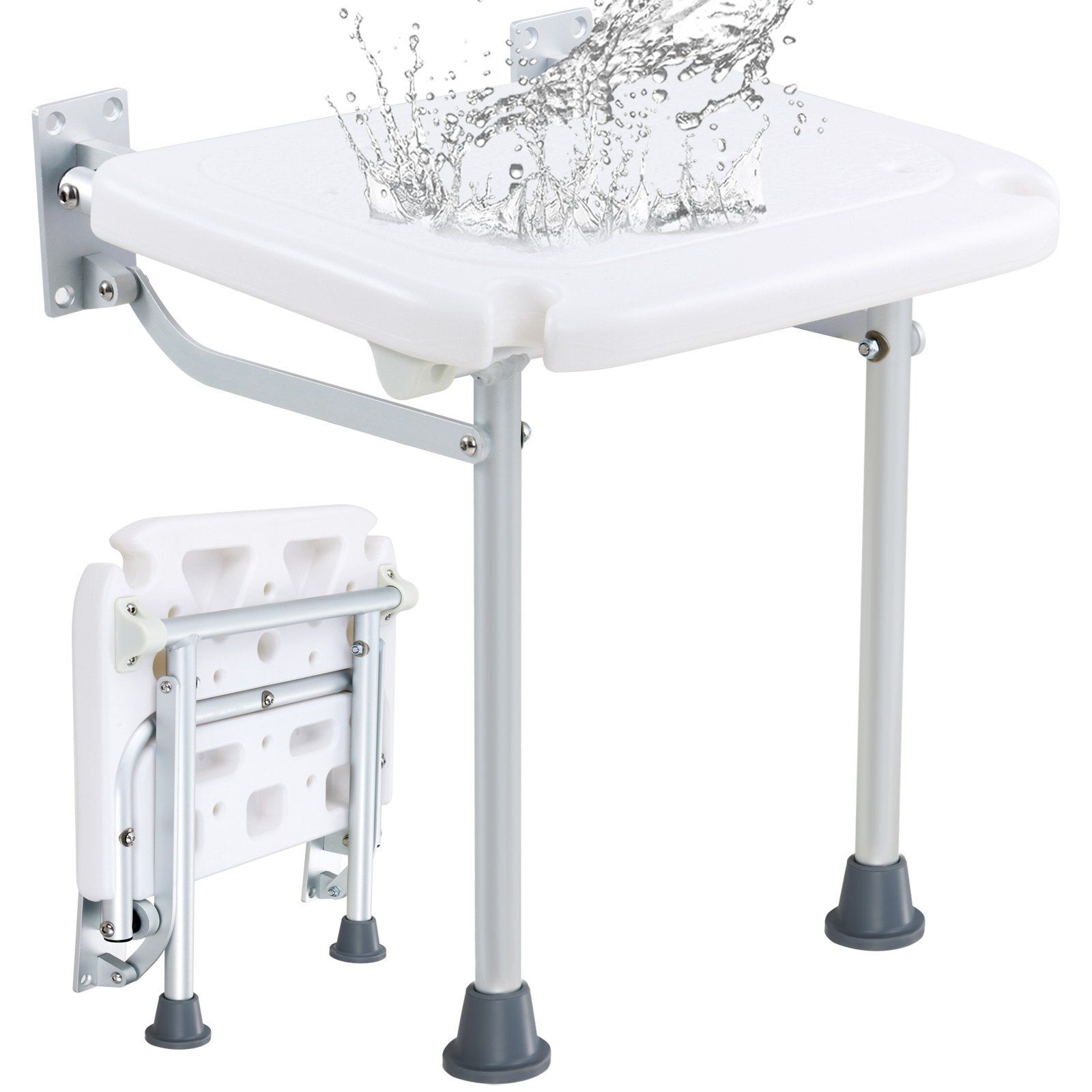 Folding PE Shower Seat, 15.7'' x 14.8'' Unfolded, Wall Mounted Fold Up Shower Bench with 500 lbs Load Capacity, Space Saving Fold Down Shower Chair for Seniors Pregnant Women Children Adults - Image 1