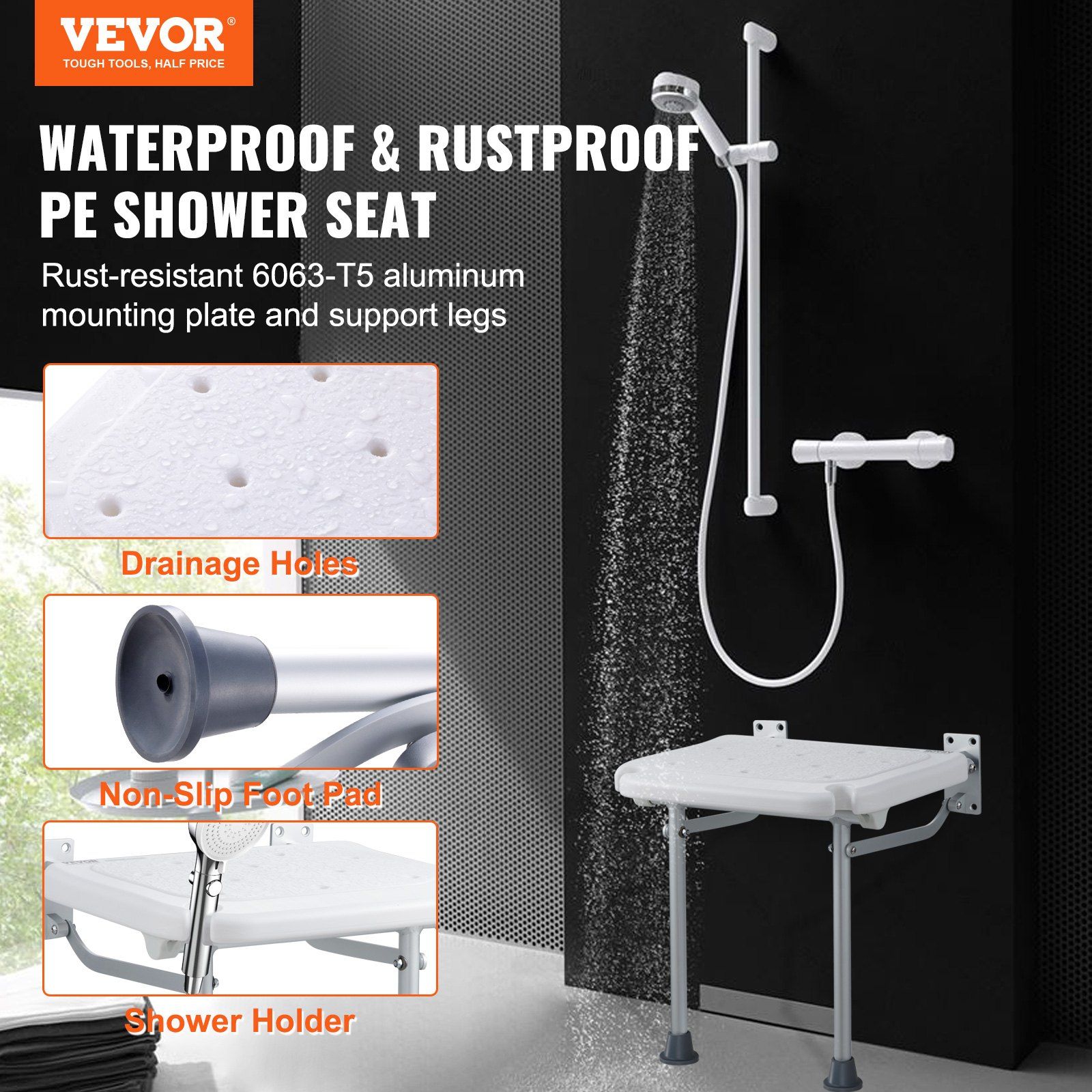 Folding PE Shower Seat, 15.7'' x 14.8'' Unfolded, Wall Mounted Fold Up Shower Bench with 500 lbs Load Capacity, Space Saving Fold Down Shower Chair for Seniors Pregnant Women Children Adults - Image 2