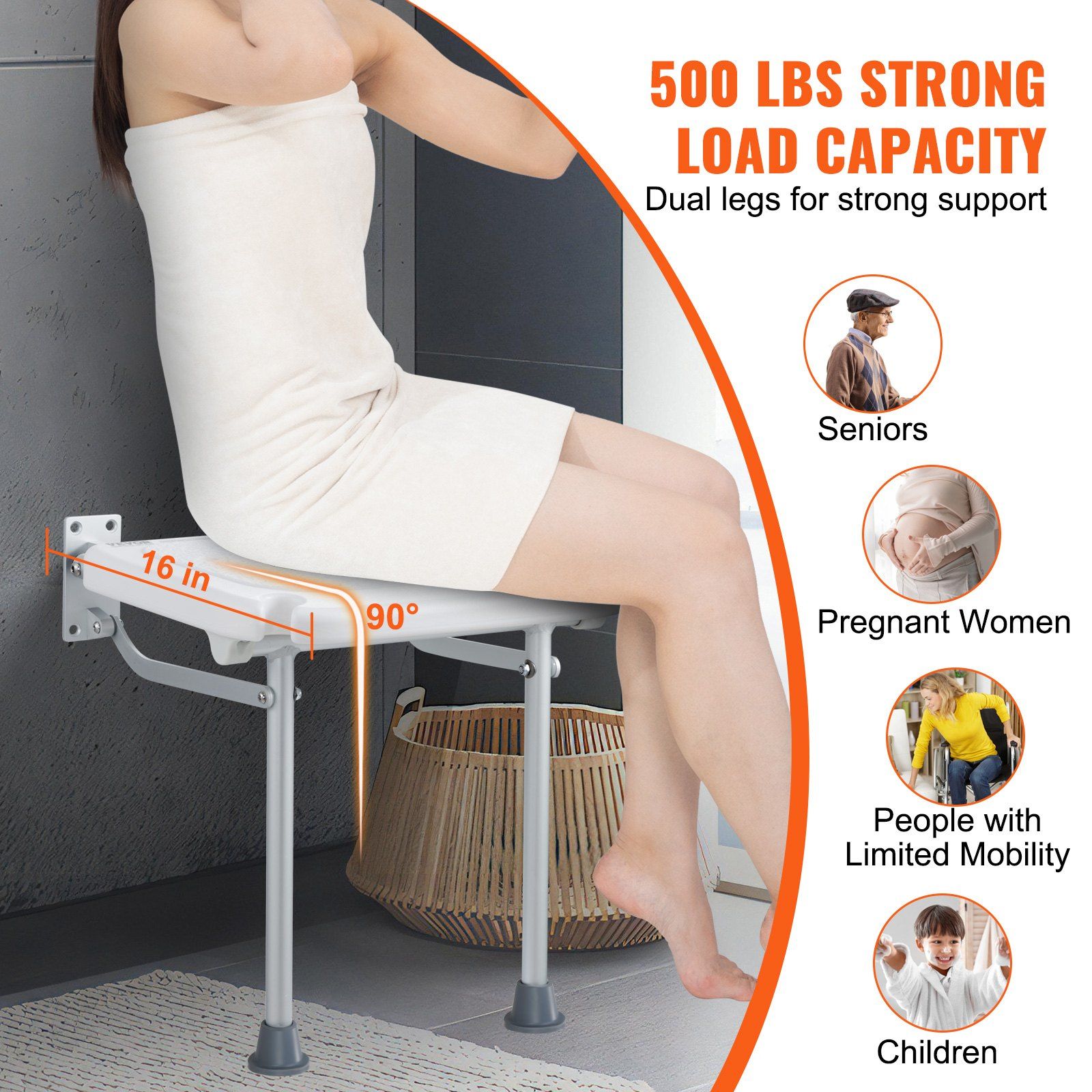 Folding PE Shower Seat, 15.7'' x 14.8'' Unfolded, Wall Mounted Fold Up Shower Bench with 500 lbs Load Capacity, Space Saving Fold Down Shower Chair for Seniors Pregnant Women Children Adults - Image 3