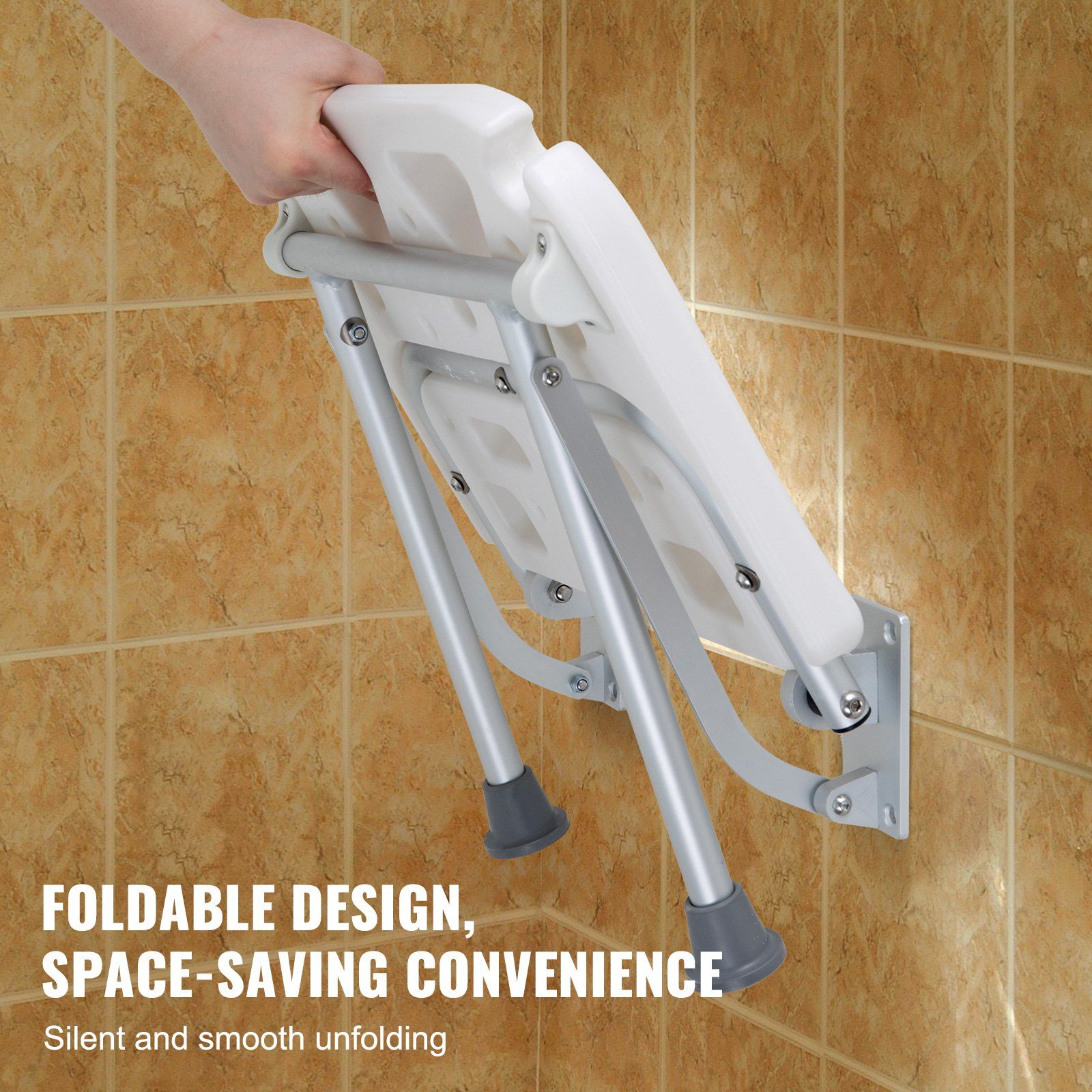 Folding PE Shower Seat, 15.7'' x 14.8'' Unfolded, Wall Mounted Fold Up Shower Bench with 500 lbs Load Capacity, Space Saving Fold Down Shower Chair for Seniors Pregnant Women Children Adults - Image 4