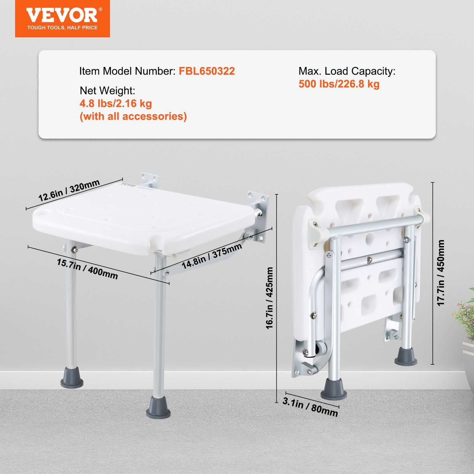 Folding PE Shower Seat, 15.7'' x 14.8'' Unfolded, Wall Mounted Fold Up Shower Bench with 500 lbs Load Capacity, Space Saving Fold Down Shower Chair for Seniors Pregnant Women Children Adults - Image 7