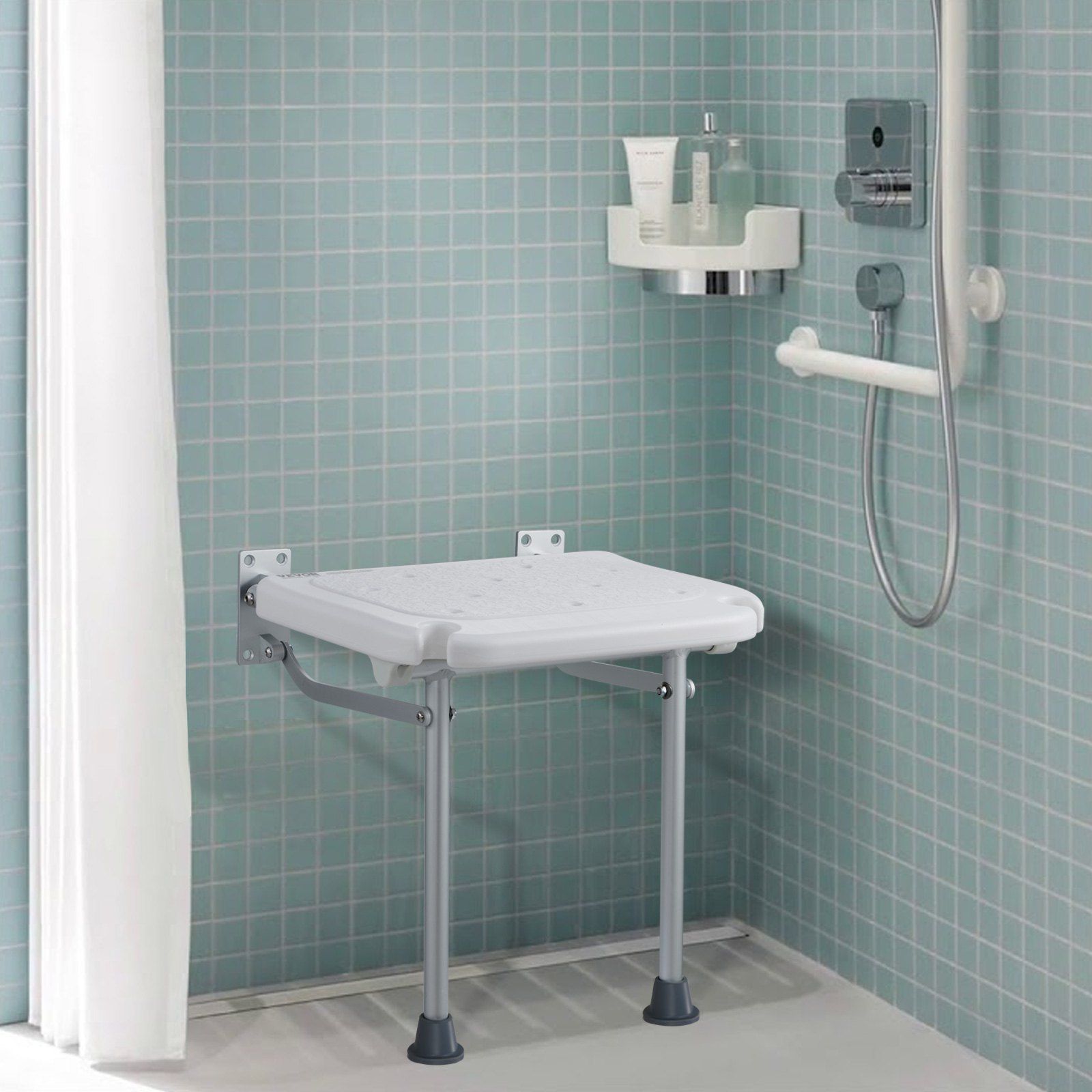Folding PE Shower Seat, 15.7'' x 14.8'' Unfolded, Wall Mounted Fold Up Shower Bench with 500 lbs Load Capacity, Space Saving Fold Down Shower Chair for Seniors Pregnant Women Children Adults - Image 8