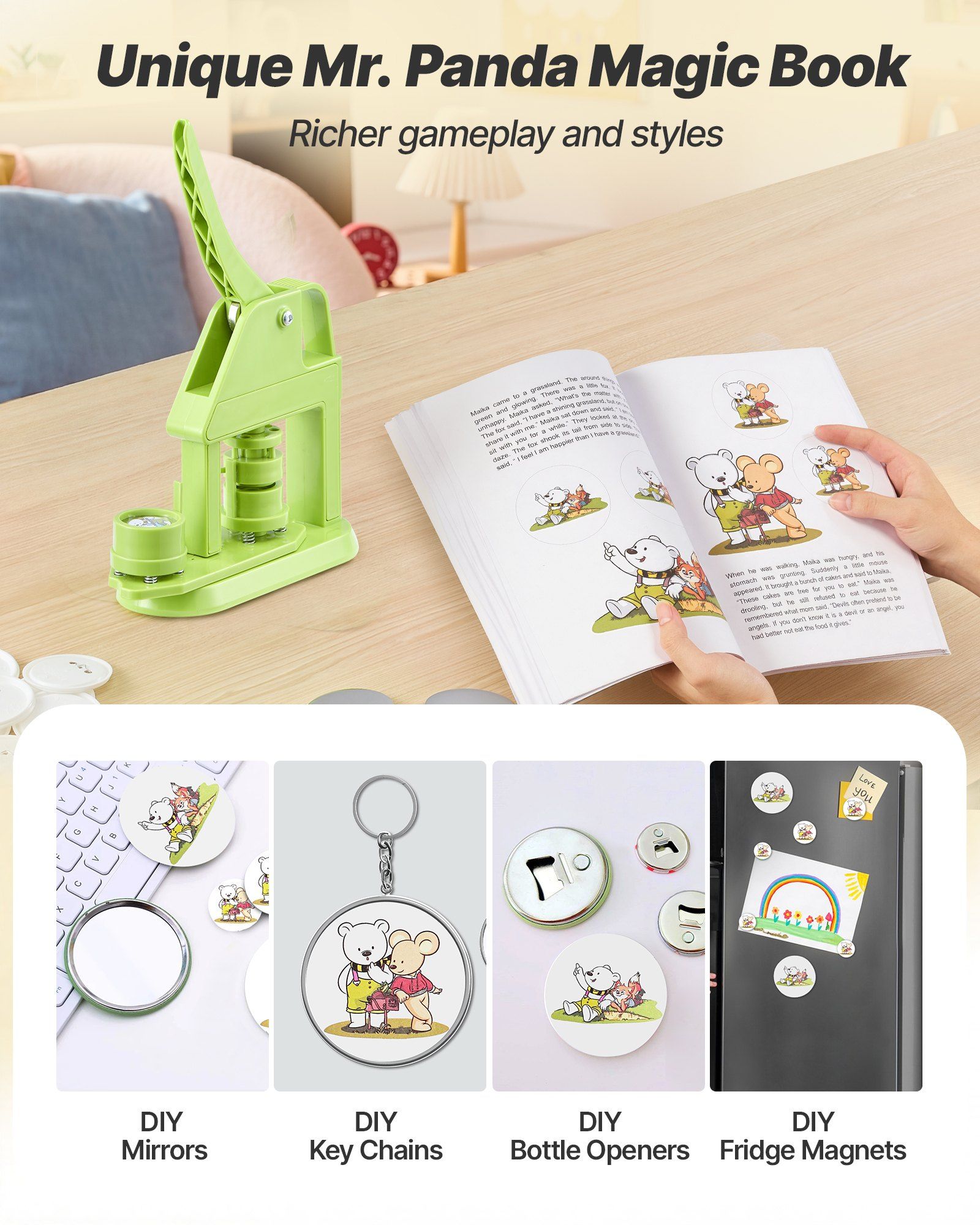 Button Maker Machine, 32 mm, Plastic Pin Maker with 500pcs Button Parts, Mr. Panda Magic Book, Circle Cutter and Hex Wrenches, Reinforced Ergonomic Handle, for DIY Badges, Personalized Pins - Image 6